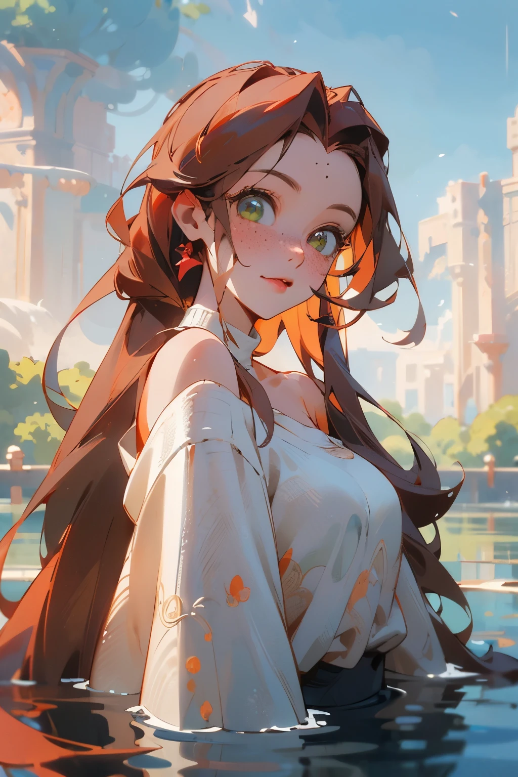 ((mejor calidad)), ((obra maestra)), (detallado), 1 chica, off shoulder sweater, white woman, big, bright green eyes, freckles on her face, long, straight orange hair with red gradient downwards, bangs on her forehead, in a pond of water in the middle of nature, tender anime animation style