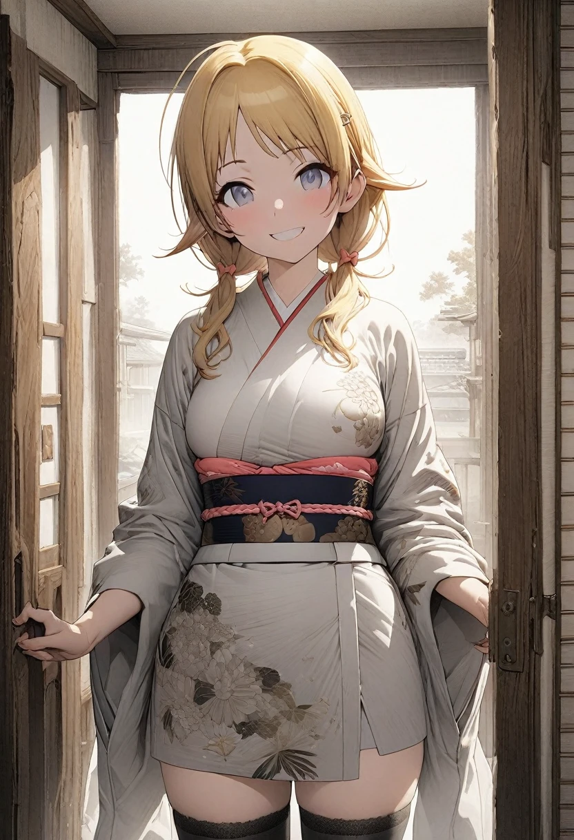 NSFW,(pale illustration,anime illustrations:1.2),(masterpiece, highest quality, so beautiful, Super detailed),textured skin, high details,8k,gleaming skin,pale outline
(hachimiya meguru, idolmaster:1.2),gold hair,
1 girl,(black Thighhighs:1.3),middle breasts,shorty,happy smile,
japanese clothes,standing,
from front,white and clean bedroom