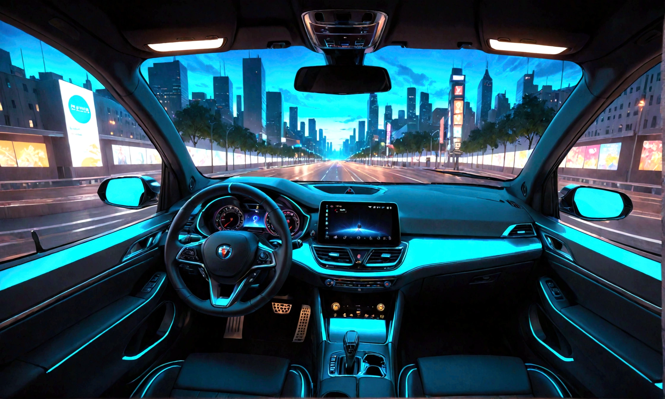 arafed view of a car with a city street in the background, inside of a car, interior background, glowing interior components, car with holographic paint, full view of a car, a hyper realistic, detailed ambient lighting, driving through the city, inside a grand, amazing wallpaper, neon ambient lighting, highly detailed interior, bright ambient lighting, scenic full shot