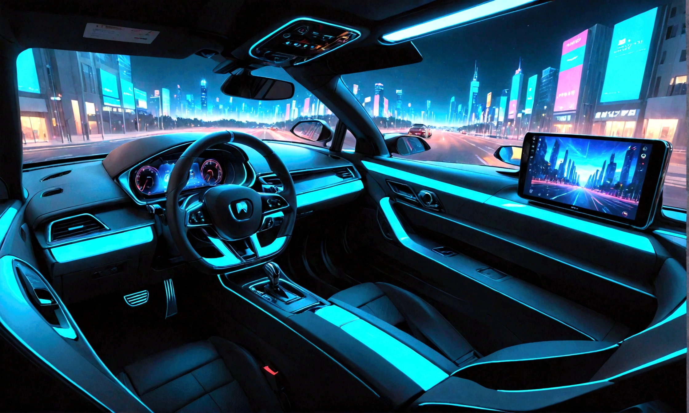 arafed view of a car with a city street in the background, inside of a car, interior background, glowing interior components, car with holographic paint, full view of a car, a hyper realistic, detailed ambient lighting, driving through the city, inside a grand, amazing wallpaper, neon ambient lighting, highly detailed interior, bright ambient lighting, scenic full shot