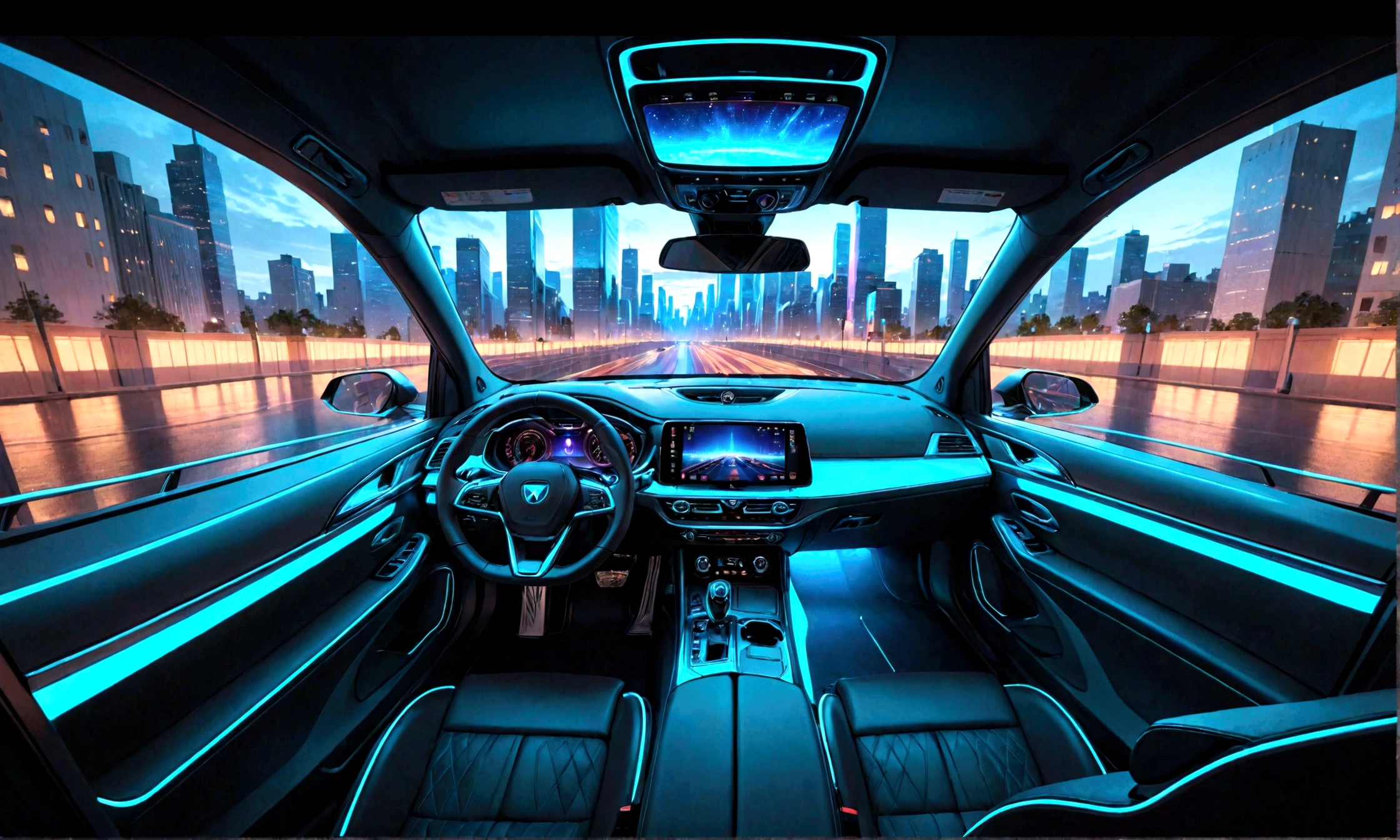 arafed view of a car with a city street in the background, inside of a car, interior background, glowing interior components, car with holographic paint, full view of a car, a hyper realistic, detailed ambient lighting, driving through the city, inside a grand, amazing wallpaper, neon ambient lighting, highly detailed interior, bright ambient lighting, scenic full shot