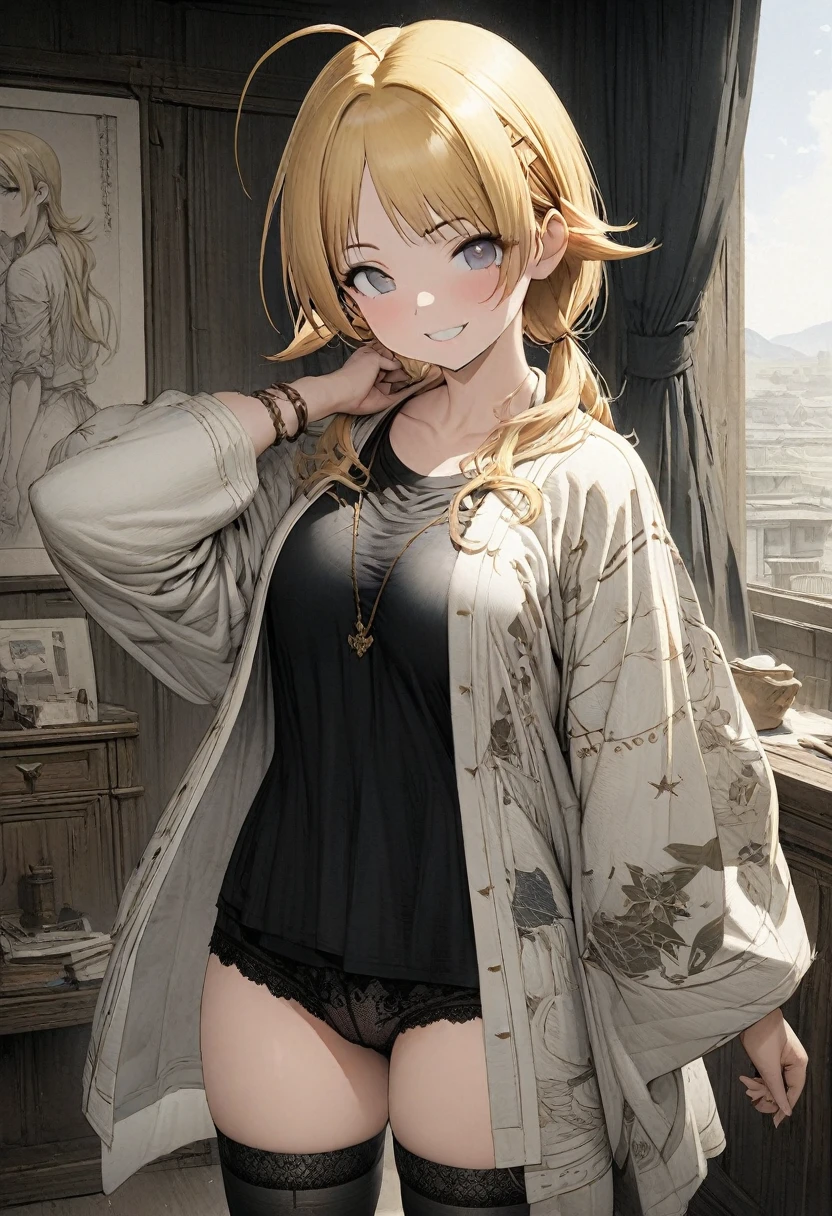 NSFW,(pale illustration,anime illustrations:1.2),(masterpiece, highest quality, so beautiful, Super detailed),textured skin, high details,8k,gleaming skin,pale outline
(hachimiya meguru, idolmaster:1.2),gold hair,
1 girl,(black Thighhighs:1.3),middle breasts,shorty,happy smile,
haori,standing,
from front,white and clean bedroom