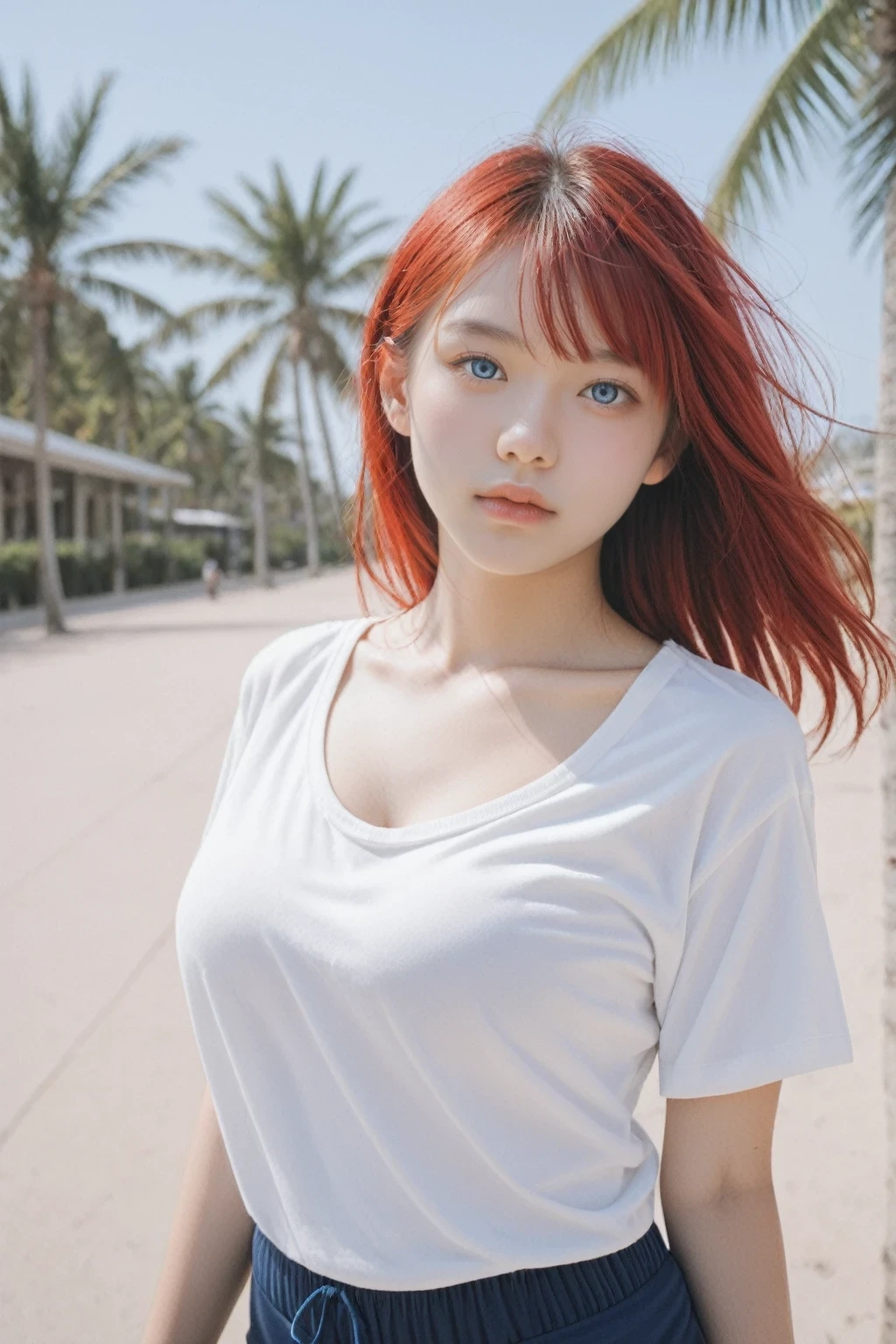 score_9, score_8_up, score_7_up, score_6_up,score_anime, realistic, real, photorealistic, 1girl, solo, realistic, large breasts, huge breasts, looking at viewer, Red Hair, (Blue eyes), wind swept hair, Playful Glance, head tilt, looking at viewer, shirt, buruma, blue buruma, photo_unp, palm leaf, palm tree, path, plant ,   meri_forwar,