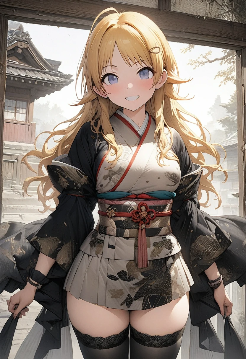 NSFW,(pale illustration,anime illustrations:1.2),(masterpiece, highest quality, so beautiful, Super detailed),textured skin, high details,8k,gleaming skin,pale outline
(hachimiya meguru, idolmaster:1.2),gold hair,
1 girl,(black Thighhighs:1.3),middle breasts,shorty,happy smile,
furisode,standing,
from front,white and clean bedroom