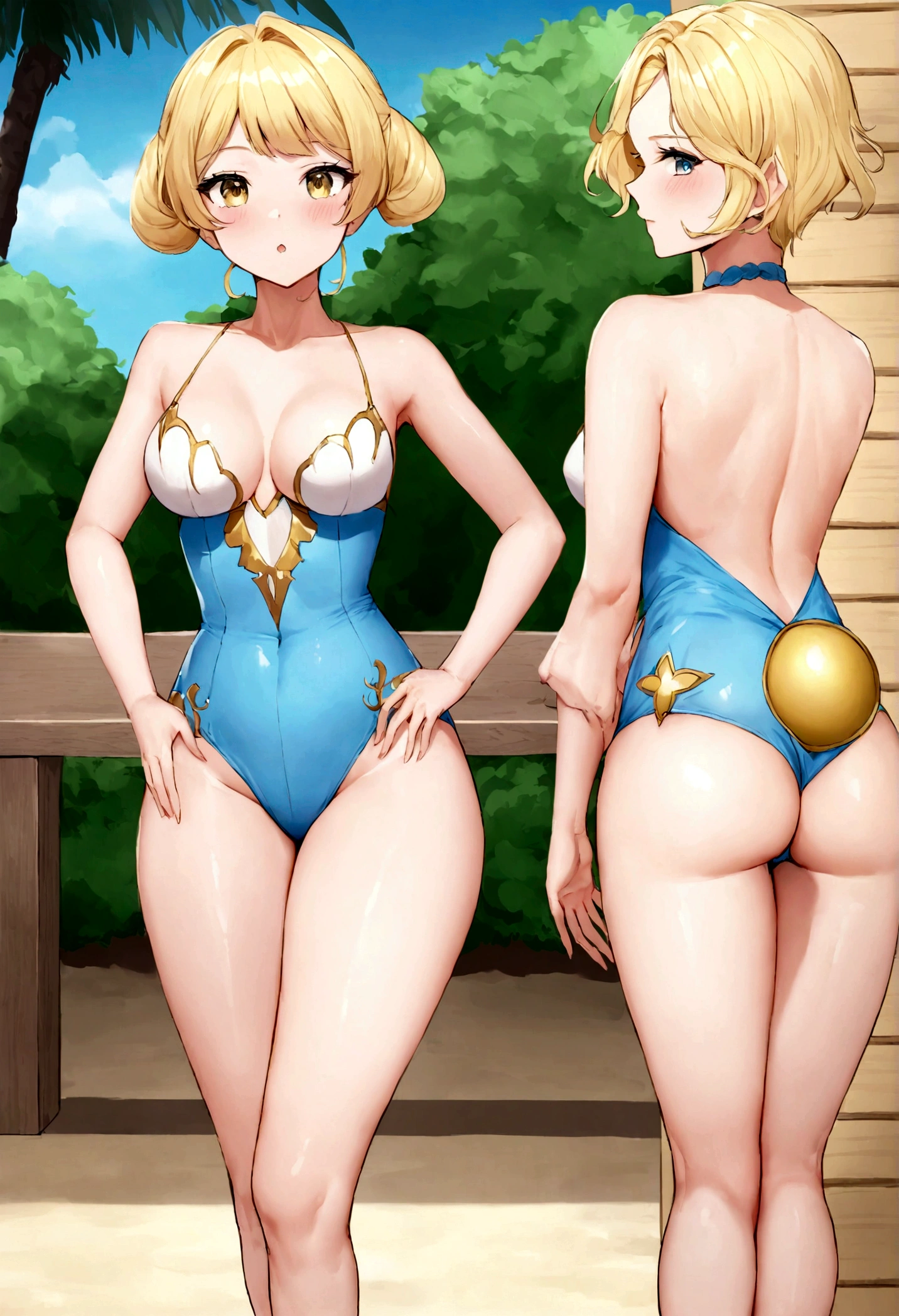 A woman poses and sedates aux blue captivants, ressemblant à Sophie Mudd. jeune fille blonde, Elle porte du maquillage naturel, dégage un charme sexy dans une tenue de foot, jouant au foot, blonde hair color and pose in beach setting with prominent bust.