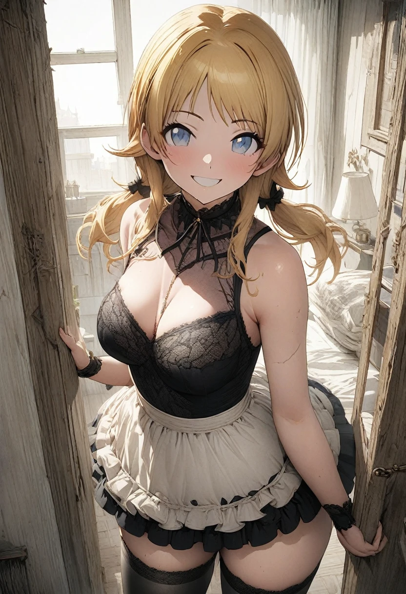 NSFW,(pale illustration,anime illustrations:1.2),(masterpiece, highest quality, so beautiful, Super detailed),textured skin, high details,8k,gleaming skin,pale outline

(hachimiya meguru, idolmaster:1.2),gold hair,

1 girl,(black Thighhighs:1.3),middle breasts,shorty,happy smile,
frilled kimono,standing,
from front,white and clean bedroom