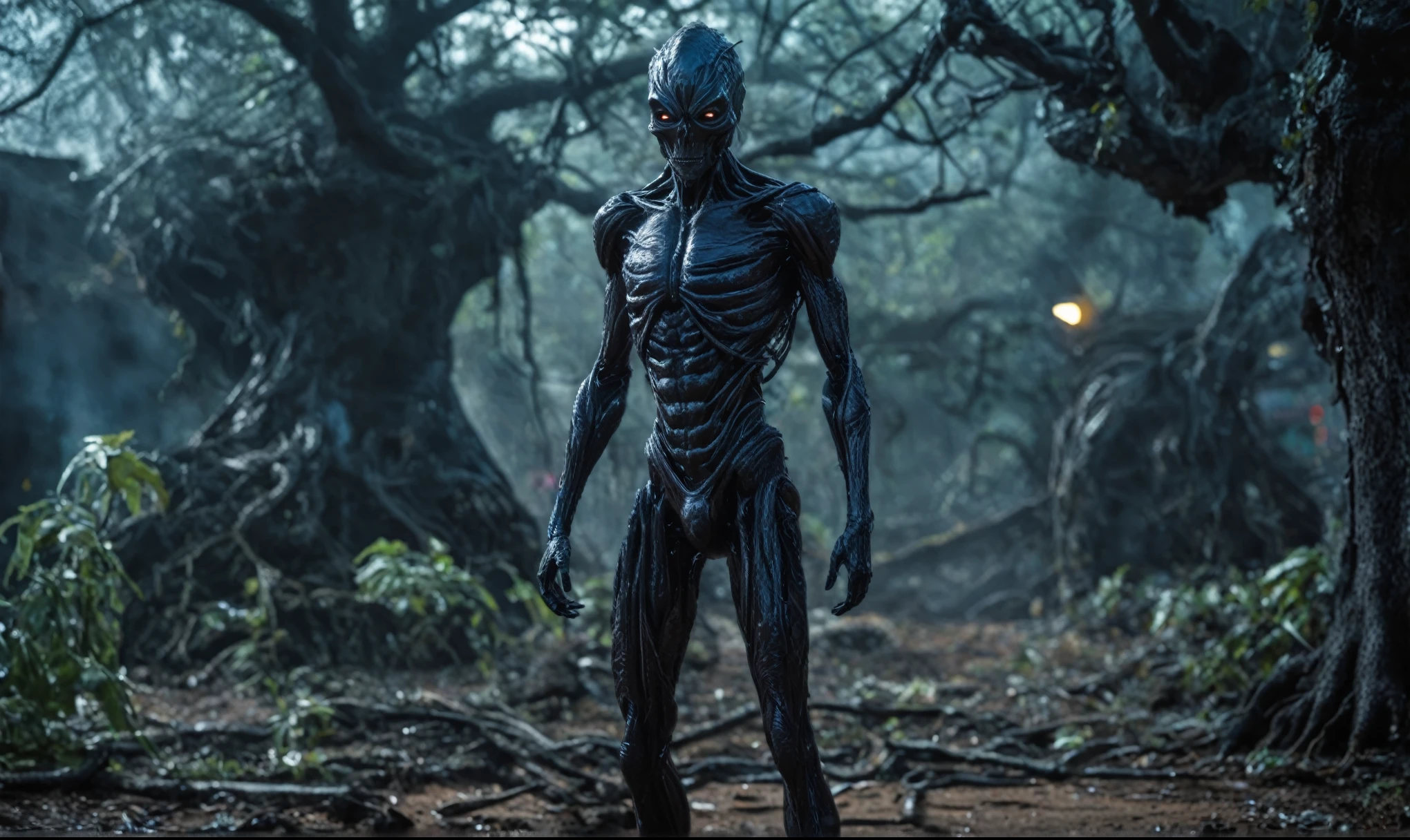 full-body-shot,niobium Manganite (The Alien Entity:Caribbean:0.5), wants eat,survival in criminal city of future,Cinematic,soft colors, Technicolor,natural skin textures, hyper realism, hyper detailed,Extremely detailed,High contrast,Masterpiece,Realistic,Ultra Detailed, intricate details,realistic humid leather,extremely intricate,Epic Realistic, cinematic style,irina yermolova,high contrast,HDR,extremely detailed, [deep night landscape],masterpiece,intricate details,faded,eyes extremely detailed, high detailed eyes,8k resolution,RAW,retina, Nikon Z9,wlop,scratched, flaking peeling paint from body,surrounded dark Iridescent mist,transparent white light halo, bailong plant Oiwa made of dead plants ,,an orchard with live sinister bloodthirsty lifes, ancient trees at the stage of radioactive half-life,trap against fairies between trees,Carnival Row city