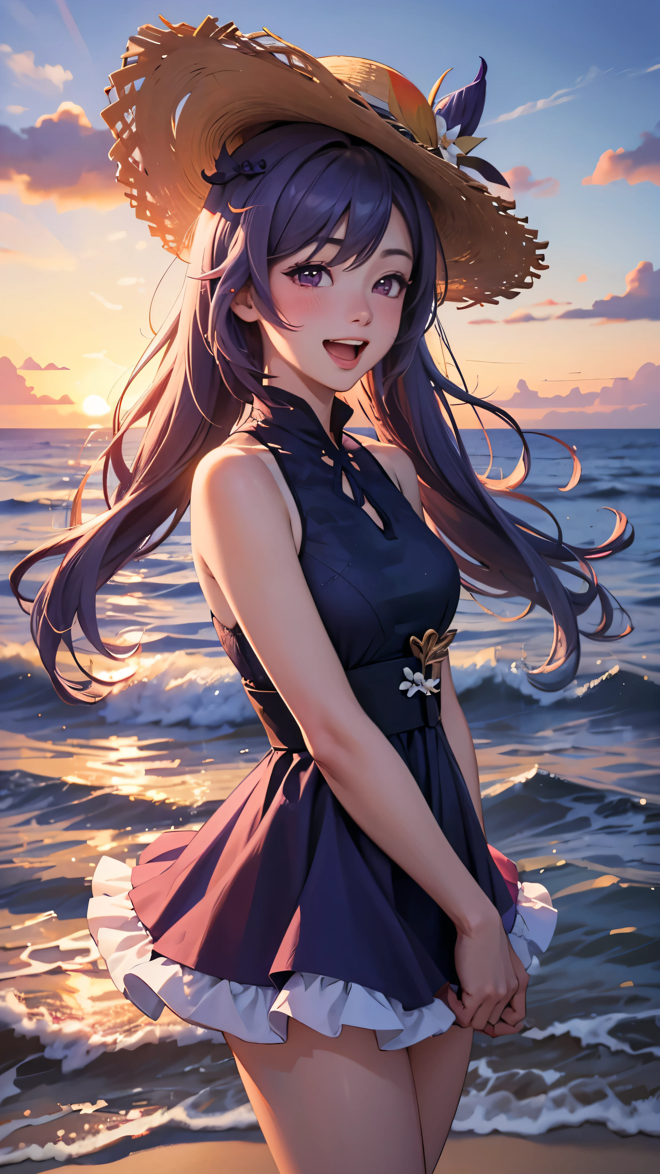 Genshing impact, ((keqing)), summer, beach, Sundress, Wind blowing, hairs flowing, straw hat, smiling, blush, sunset, ocean waves, purple ocean, realistic, 4k, extremely detailed eyes, laughing with open mouth,
