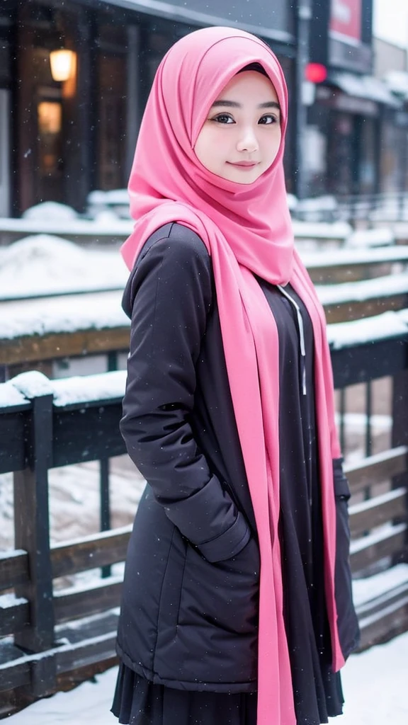 japanese muslim girl, pasmina hijab, perfect body figure, thick winter jacket with hood, pink jacket, snowy city landscape