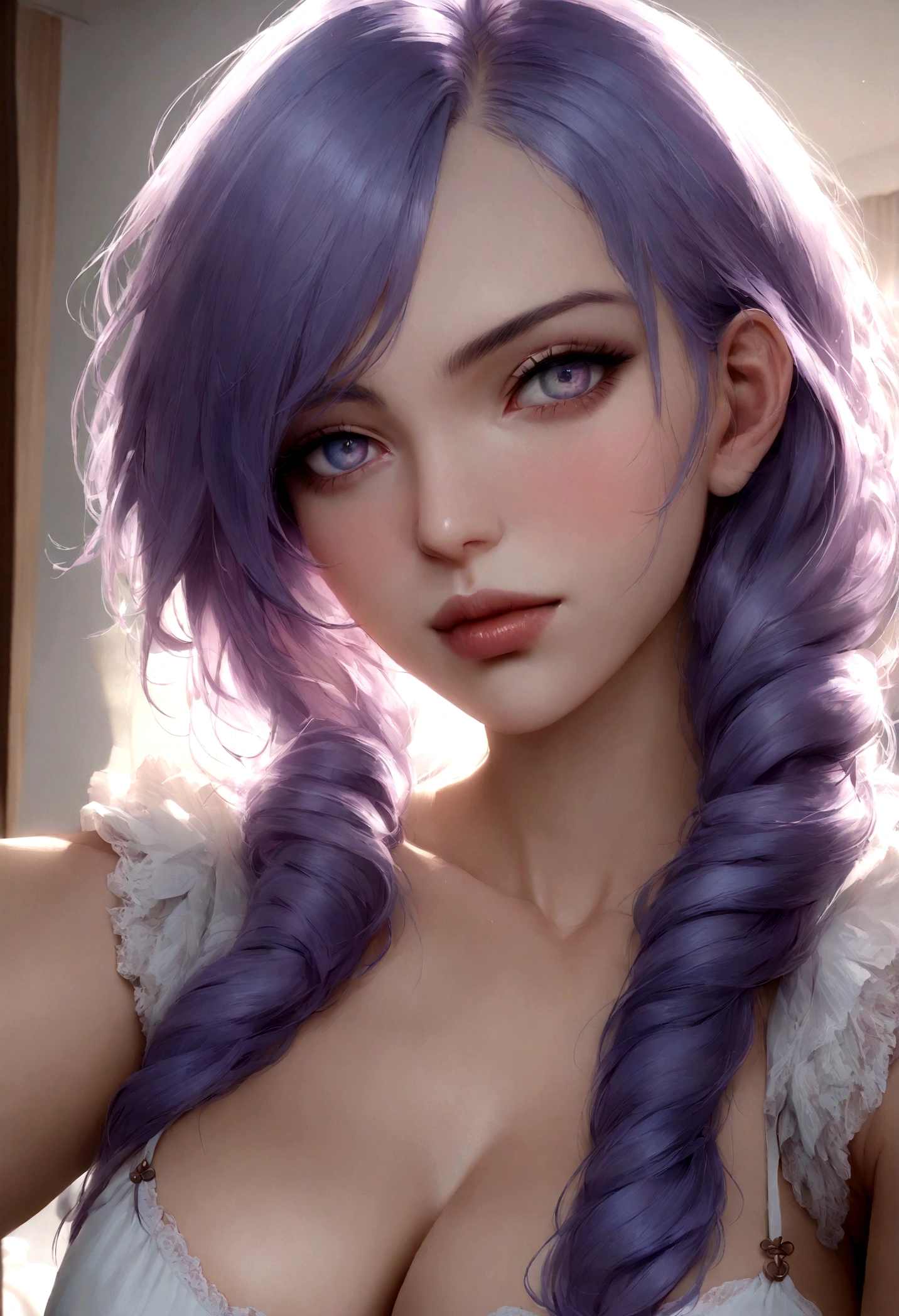 arafed femme pleinement , fille sexy aux yeux bleus, ultra realistic, Meticulously detailed, Portrait de Sophie Mudd, cheveux blonds et grands yeux, selfie d'une jeune femme, Yeux de chambre, violette myers, sans maquillage, maquillage naturel, regarder directement la caméra, visage avec artgram, maquillage subtil, superbe photo de tout le corps à genoux sur le lit, dans la chambre, Medium to large bust