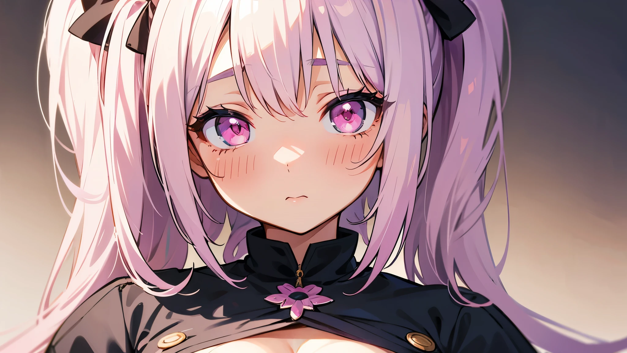 one girl, very beautiful face, beautiful eyes, detailed eyes, detailed face, detailed hair, masterpiece, anime girl, pink eyes, silver hair, , kawaii, two pony tails, very young, big , pixiv, illustration, very high quality, masterpiece, , pink cheeks, looks at you, blush, heavy blush, so shy, very shy, big boobs, sexy,