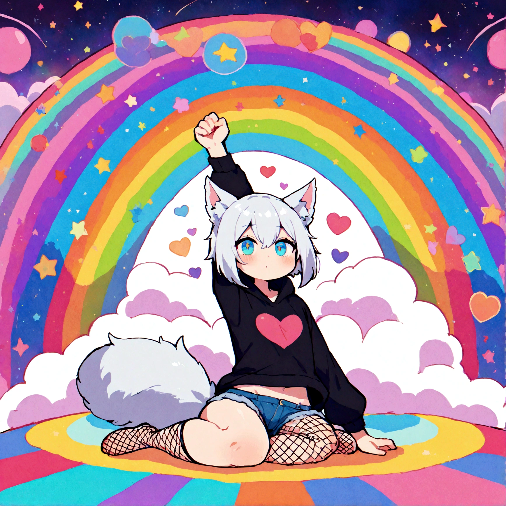 a cute adult male with wolf ears, white hair, has a wolf tail, wearing a loose cropped oversized black hoodie, wearing a pair of denim short shorts and fishnet stockings, thick thighs, wide hips, relaxing on mound of fluffy multi colored kawaii plushies, short, very slim, showing slender tummy, stretching out, heart on hoodie, squishy thighs, has glowing blue eyes. alone, solo (ALONE)(SOLO), surrounded by rainbows, colorful galaxy backround