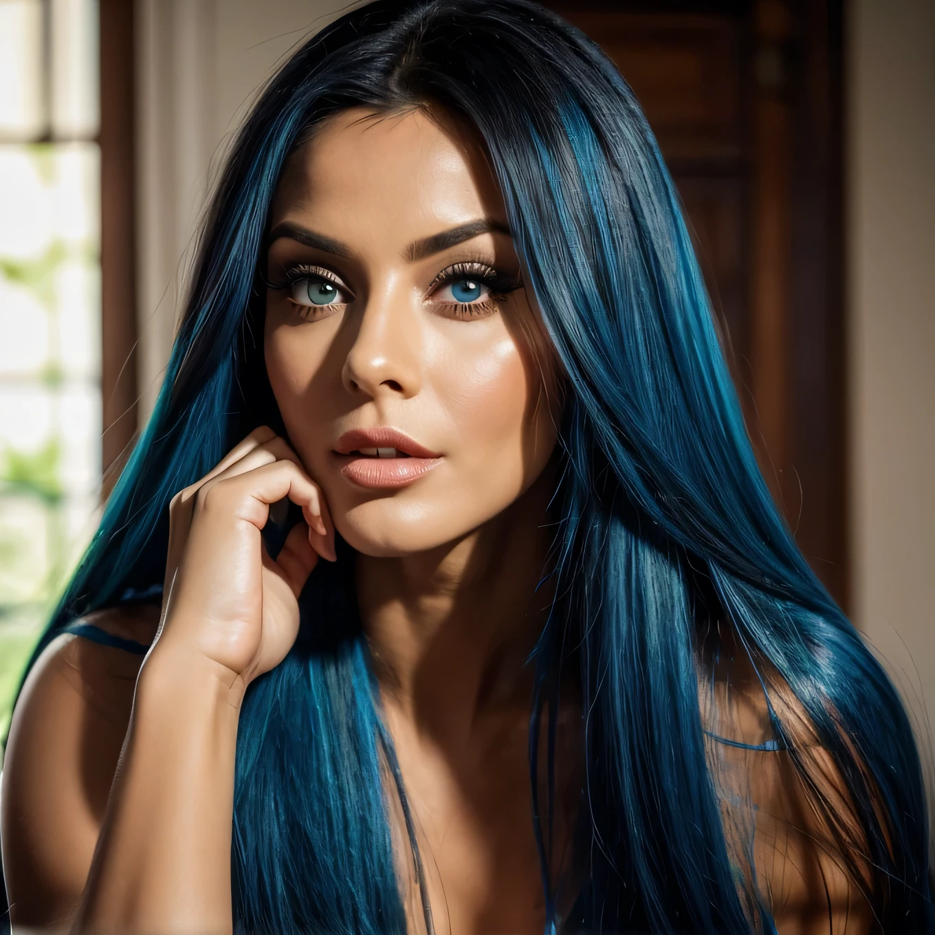 Fada ,looks at the camera. cabelo azul cintilante ondulado pele castanha olhos azuis .She looks like Monica Belluci