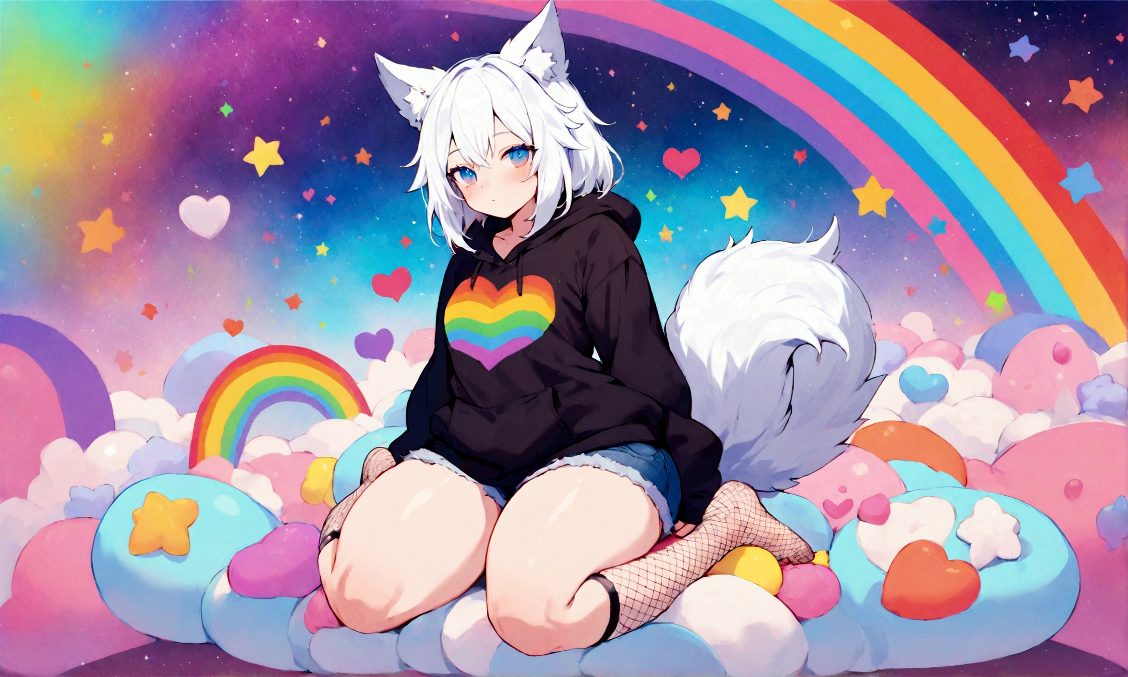 a cute adult male with wolf ears, white hair, has a wolf tail, wearing a loose cropped oversized black hoodie, wearing a pair of denim short shorts and fishnet stockings, thick thighs, wide hips, relaxing on mound of fluffy multi colored kawaii plushies, short, very slim, showing slender tummy, stretching out, heart on hoodie, squishy thighs, has glowing blue eyes. alone, solo (ALONE)(SOLO), surrounded by rainbows, colorful galaxy backround