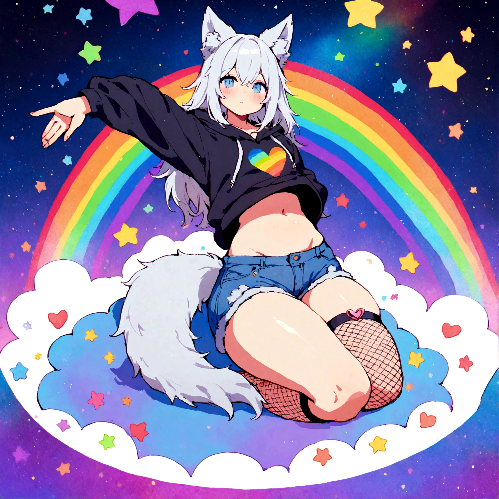 a cute adult male with wolf ears, white hair, has a wolf tail, wearing a loose cropped oversized black hoodie, wearing a pair of denim short shorts and fishnet stockings, thick thighs, wide hips, relaxing on mound of fluffy multi colored kawaii plushies, short, very slim, showing slender tummy, stretching out, heart on hoodie, squishy thighs, has glowing blue eyes. alone, solo (ALONE)(SOLO), surrounded by rainbows, colorful galaxy backround
