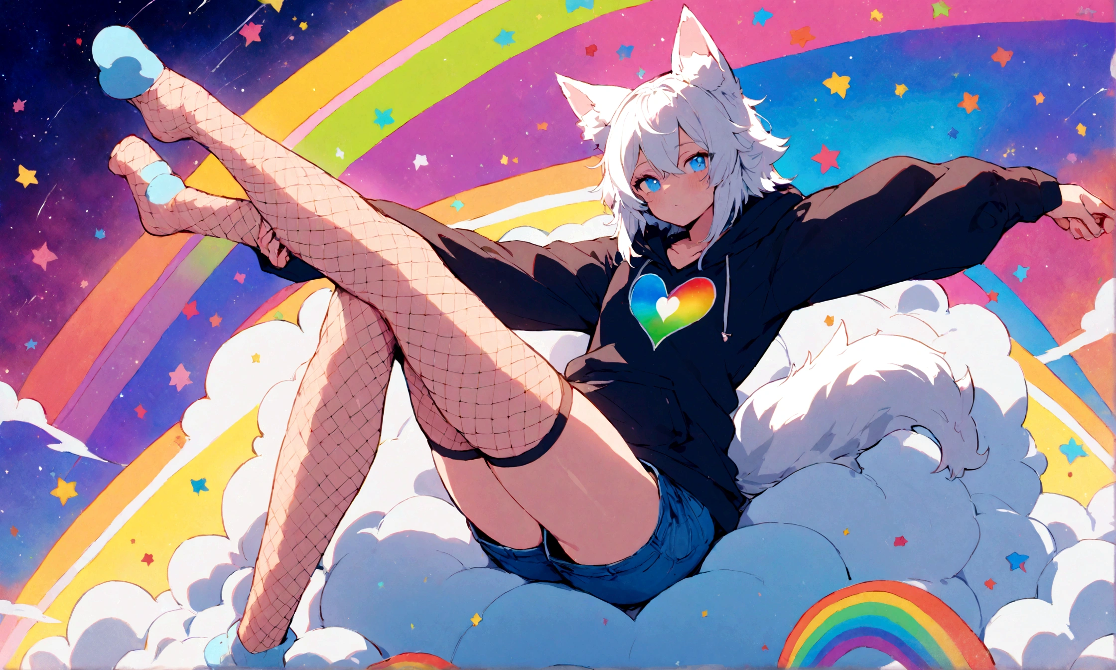 a cute adult male with wolf ears, white hair, has a wolf tail, wearing a loose cropped oversized black hoodie, wearing a pair of denim short shorts and fishnet stockings, thick thighs, wide hips, relaxing on mound of fluffy multi colored kawaii plushies, short, very slim, showing slender tummy, stretching out, heart on hoodie, squishy thighs, has glowing blue eyes. alone, solo (ALONE)(SOLO), surrounded by rainbows, colorful galaxy backround