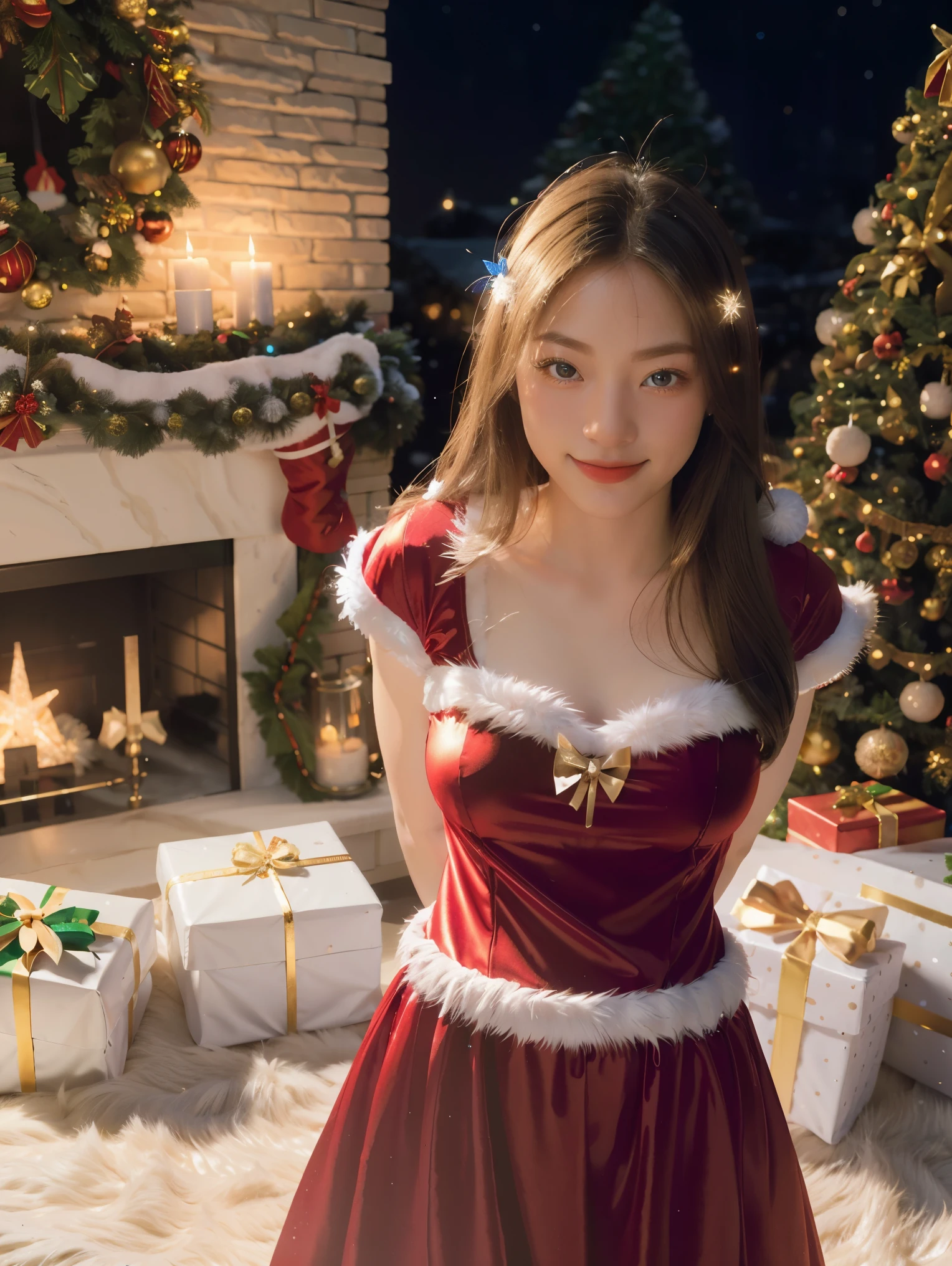 masterpiece, best quality, ultra-detailed, illustration,1girl, looking at viewer, best quality,depth of field,(closed mouth,light smile,blue eyes:1.1),beautiful detailed glow , (santa costume:1.3),(hands behind back:1.3),(arms behind back:1.3),blaze (arknights),   