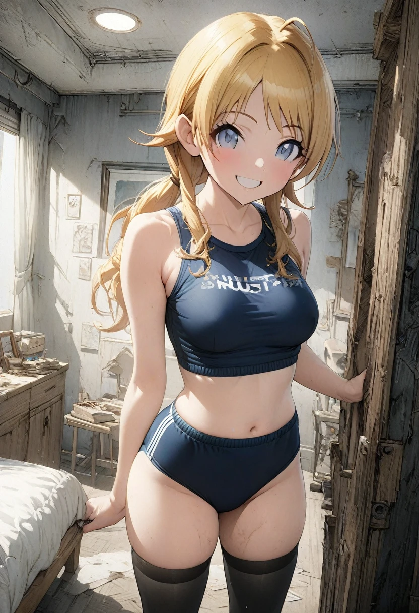 NSFW,(pale illustration,anime illustrations:1.2),(masterpiece, highest quality, so beautiful, Super detailed),textured skin, high details,8k,gleaming skin,pale outline

(hachimiya meguru, idolmaster:1.2),gold hair,

1 girl,(black Thighhighs:1.3),middle breasts,shorty,happy smile,
buruma,standing,
from front,white and clean bedroom