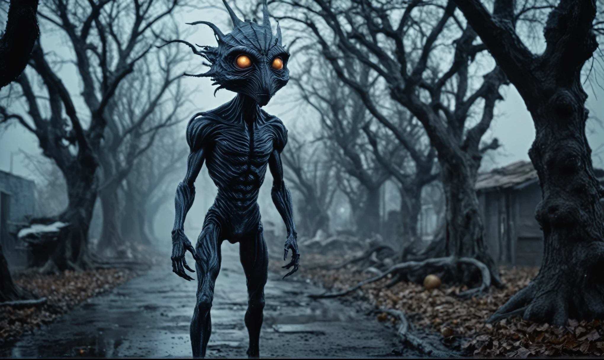 full body length shot,niobium Manganite (The Alien Entity:Puck :0.5), wants eat,survival in criminal city of future,Cinematic,soft colors, Technicolor,natural skin textures, hyper realism, hyper detailed,Extremely detailed,High contrast,Masterpiece,Realistic,Ultra Detailed, intricate details,realistic humid leather,extremely intricate,Epic Realistic, cinematic style,irina yermolova,high contrast,HDR,extremely detailed, [deep night landscape],masterpiece,intricate details,faded,eyes extremely detailed, high detailed eyes,8k resolution,RAW,retina, Nikon Z9,winter,Caribbean,,an orchard with live sinister bloodthirsty lifes, ancient trees at the stage of radioactive half-life,trap against fairies between trees,Carnival Row city