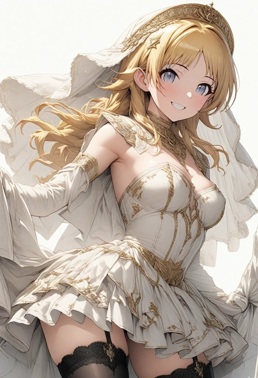 ,(pale illustration,anime illustrations:1.2),(masterpiece, highest quality, so beautiful, Super detailed),textured skin, high details,8k,gleaming skin,pale outline

(hachimiya meguru, idolmaster:1.2),gold hair,

1 girl,(black Thighhighs:1.3),middle breasts,shorty,happy smile,
veil,standing,
from front,white and clean bedroom