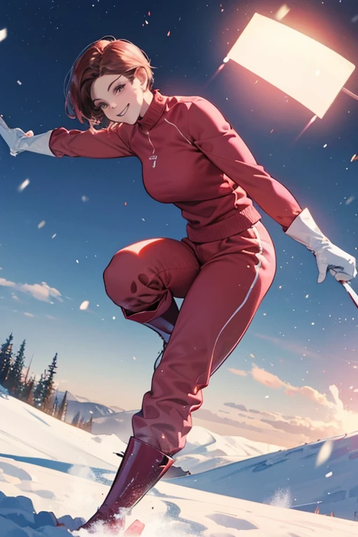 A muscular, short-haired mature woman in red long-sleeved, long-pants, gym clothes, large pink rubber gloves and white rubber boots smiling while playing in the snow in a snowy field