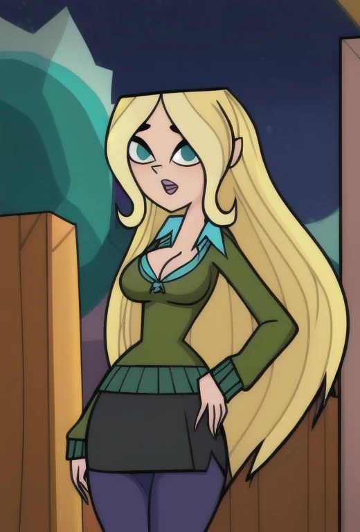 1girl, solo, (half-body-shot (cowboy shot):1.3), Dawn_Total_Drama, blonde hair, intricate, absurdres, highest-quality, extremely-detailed, masterpiece, 8k UHD, 4k HDR, RAW photograph, film-grain, (green sweater, (steel grey skirt, short skirt), purple-leggings, cyan blouse), cleavage :)