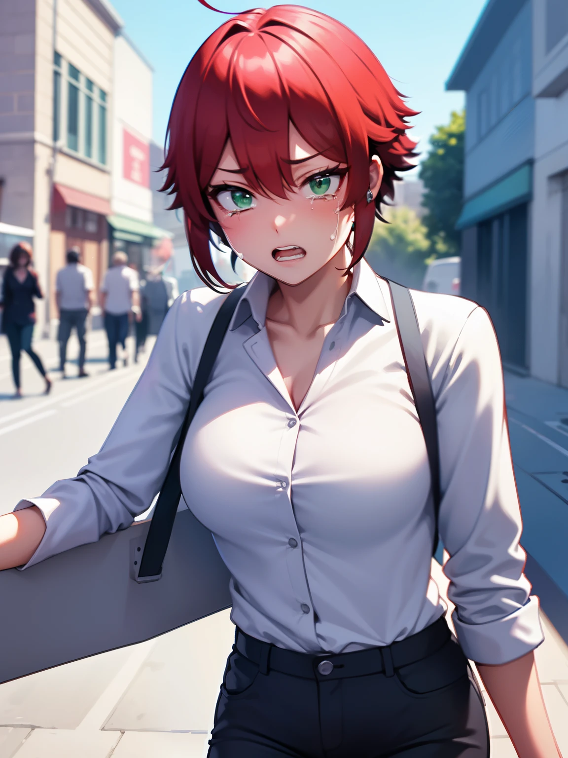 8k, best quality, masterpiece, ultra-detailed,Talking, sad expression, crying, tears coming out, teeth showing,1girl,solo,short hair, green eyes,red hair,white shirt,white shirt,Long-sleeved shirt,black trousers,ultra detail, ultra HD