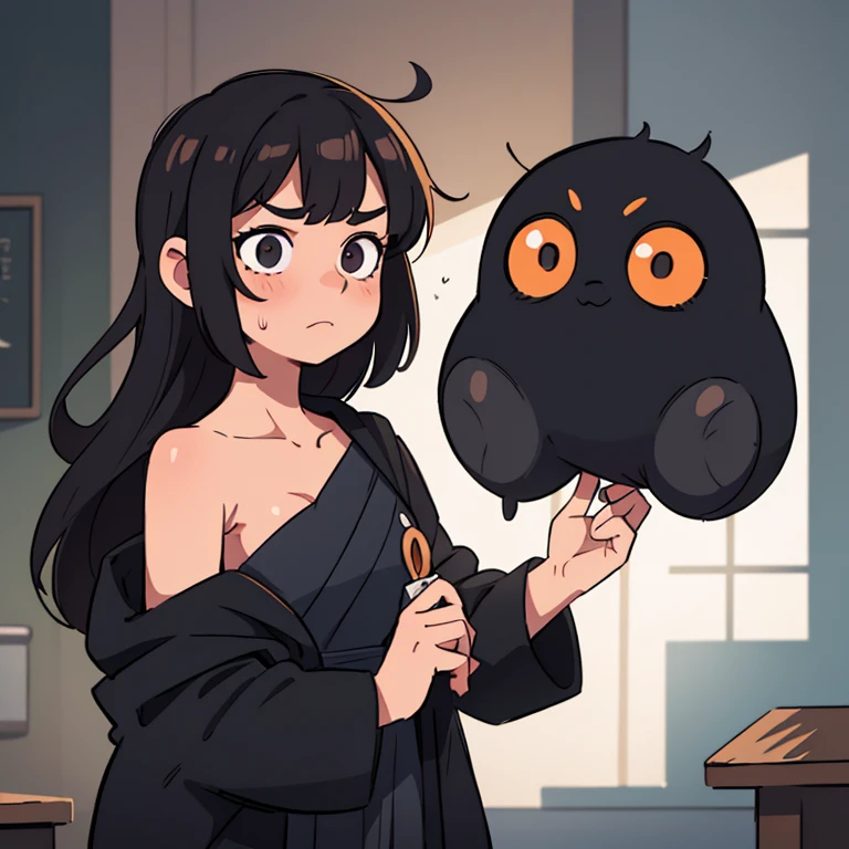 several girls, Elementary school student, Dark-haired:1.1, school classes, You can see the whole class, A teacher stands at the lectern in an open black robe, topless, and casts a dark spell..(Best quality:1.2),ultra detailed, realistic:1.37, bright colors, portraits, dramatic lighting, oil painting style, rich textures, Pencil sketch effect, Soft color tones, foggy atmosphere