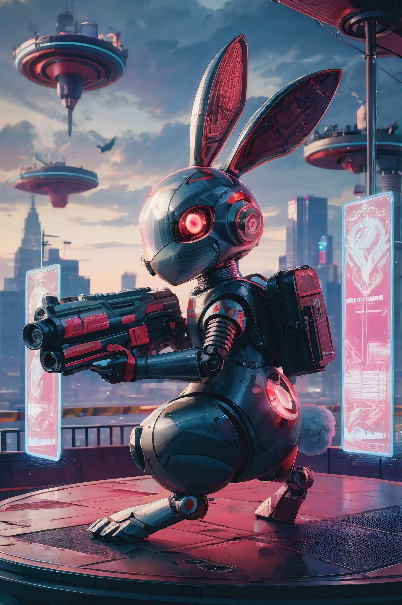 A futuristic anime-inspired 3D render of a robot rabbit. The robot has a sleek, metallic exterior with intricate detailing and glowing red eyes. It is standing on its hind legs, with a small backpack and a large, intricately designed gun. The background features a city skyline with floating platforms, holographic advertisements, and a vibrant neon color palette. A sense of urban adventure and futuristic action fills the scene., anime, 3d render