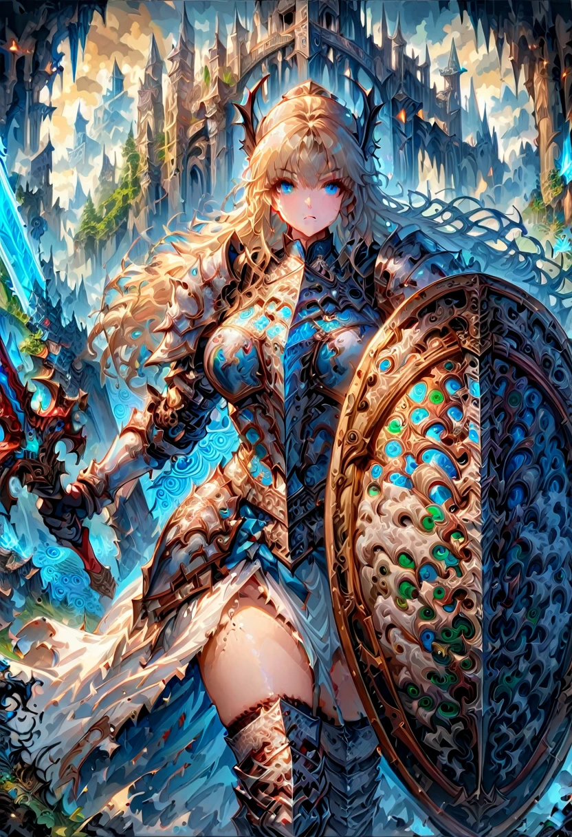 Female Warrior, Sword and shield, Art style of Huang Guangjian, alcohol ink style, oil painting style, mixed media, gorgeous female knight, blonde hair, ice blue eyes, wearing Viking helmet, (holding_enormous_intricate_embossed_heraldic_shield, shield front and center:1.8), hyperdetailed face, fantasy ancient ruins and crumbling towers background, intricately detailed cosmos skyline