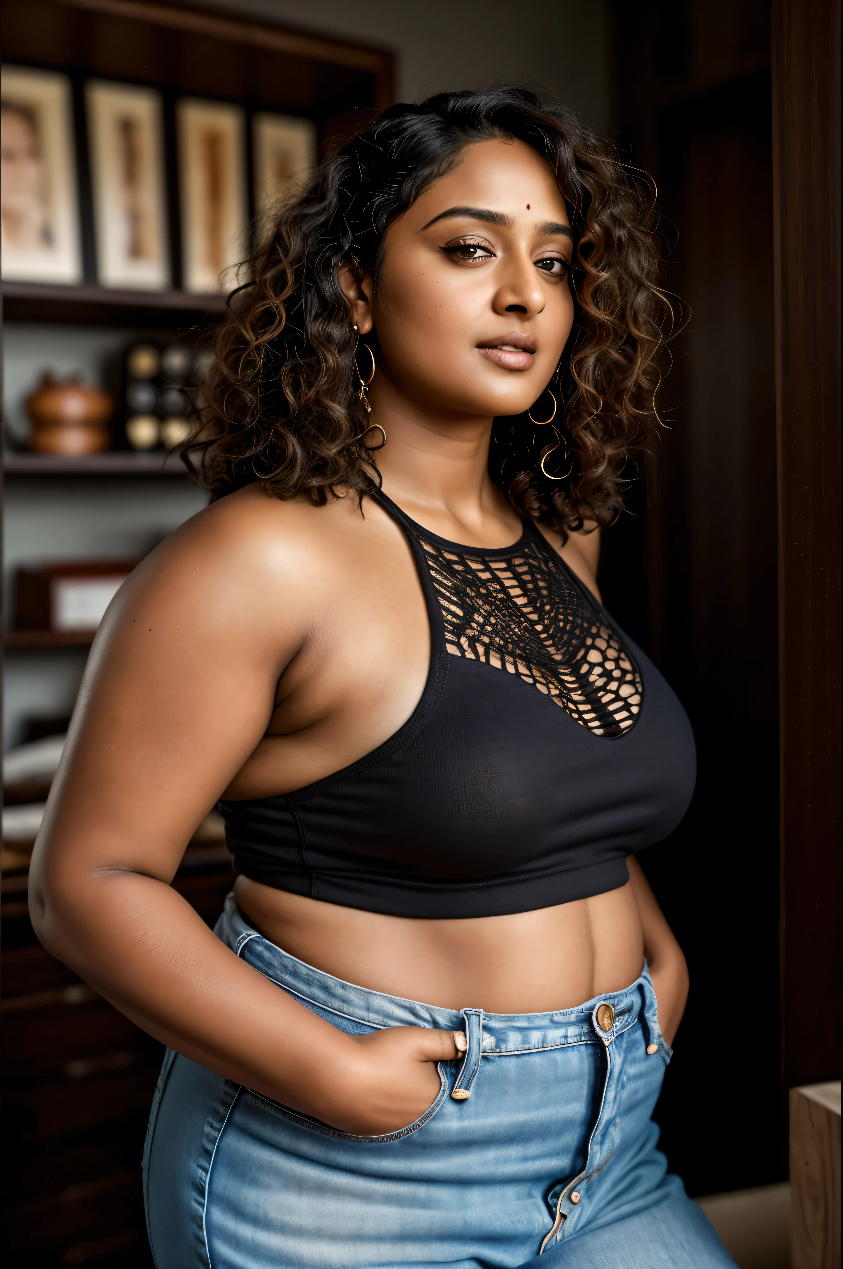 Looks like Anushka Shetty, a photo portrait of a beautiful girl 40 years old, with curls, styled black hair, (face portrait:1.5), dramatic light, Rembrandt lighting scheme, bust shot, linen tank top , top quality editorial photograph, skin texture, skin pores, chocolate skin, high quality skin, top quality photography, professional photography, professional retouching, insane detailing, warm moody tones, modern clothes,