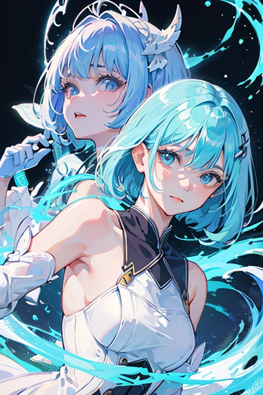 "prompt": "Vivid anime illustration featuring a cute and feminine girl with bob hair, ice blue hair, bangs, blue eyes with highlights, wearing a future-style uniform with white and blue with black accents that shows her body lines, glowing bracelet, glowing hairpin. The style has fine and smooth lines, a soft and gentle expression with large, almond-shaped eyes with highlights, and a sharp facial line. The girl's face should look slightly older and less childlike. The background is bright, colorful, and lively with elements of a futuristic city.