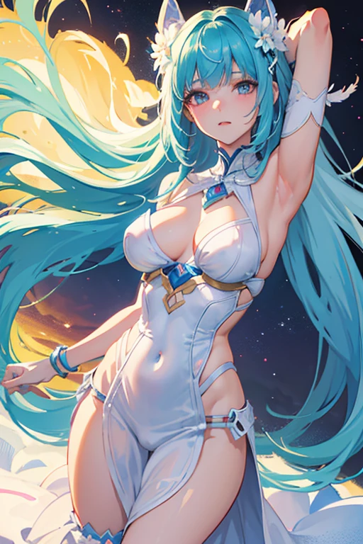 "prompt": "Vivid anime illustration featuring a cute and feminine girl with bob hair, ice blue hair, bangs, blue eyes with highlights, wearing a future-style uniform with white and blue with black accents that shows her body lines, glowing bracelet, glowing hairpin. The style has fine and smooth lines, a soft and gentle expression with large, almond-shaped eyes with highlights, and a sharp facial line. The girl's face should look slightly older and less childlike. The background is bright, colorful, and lively with elements of a futuristic city.