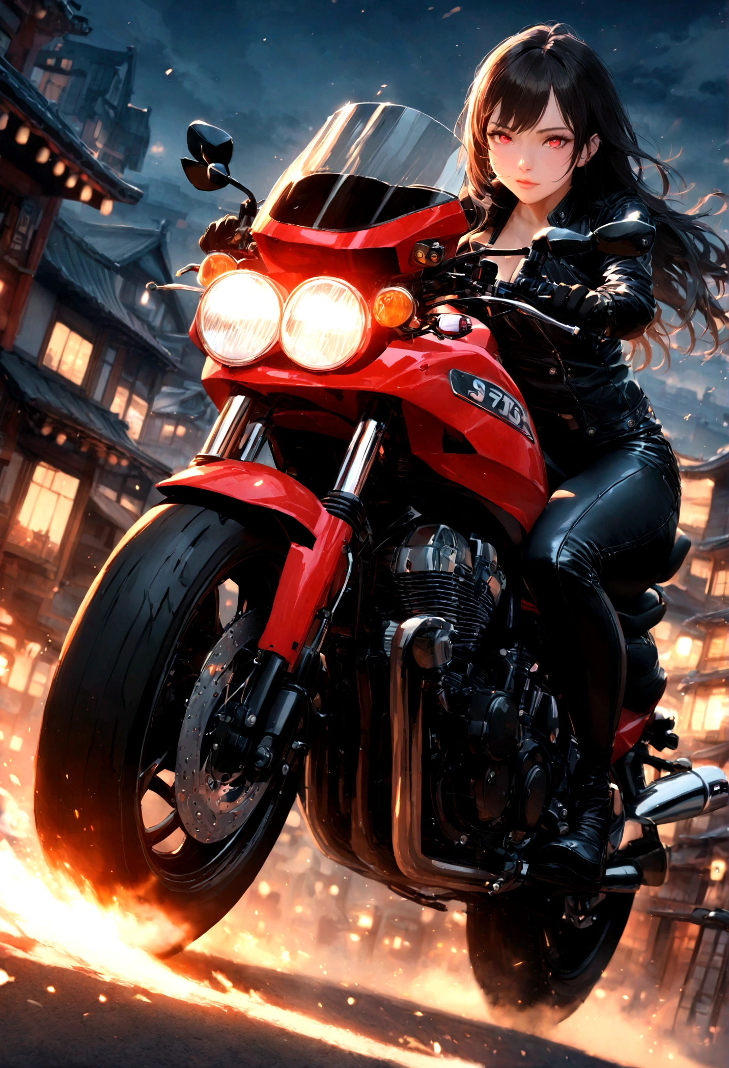 realistic sexy biker girl riding a honda cb 750 in speed, town background, masterpiece, sensual lighting, side angle,detailed facem, glowing red eyes,beautiful face, night japan town