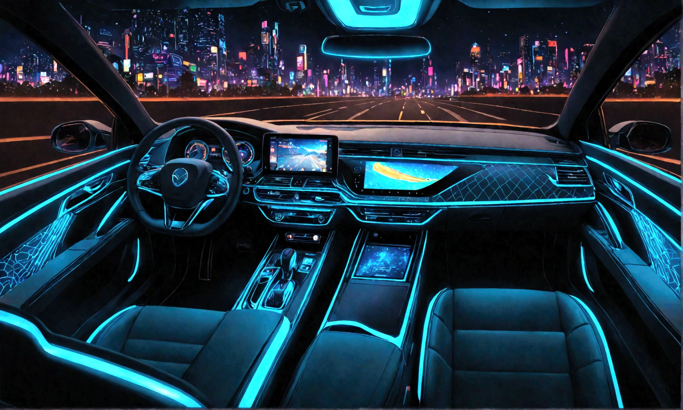 arafed view of a car with a city street in the background, inside of a car, interior background, glowing interior components, car with holographic paint, full view of a car, a hyper realistic, detailed ambient lighting, driving through the city, inside a grand, amazing wallpaper, neon ambient lighting, highly detailed interior, bright ambient lighting, scenic full shot