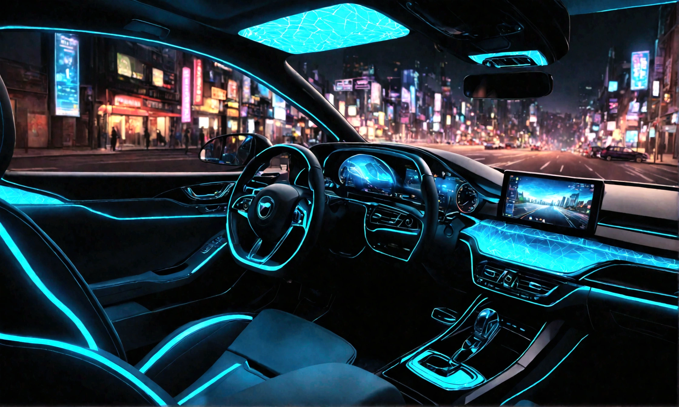 arafed view of a car with a city street in the background, inside of a car, interior background, glowing interior components, car with holographic paint, full view of a car, a hyper realistic, detailed ambient lighting, driving through the city, inside a grand, amazing wallpaper, neon ambient lighting, highly detailed interior, bright ambient lighting, scenic full shot