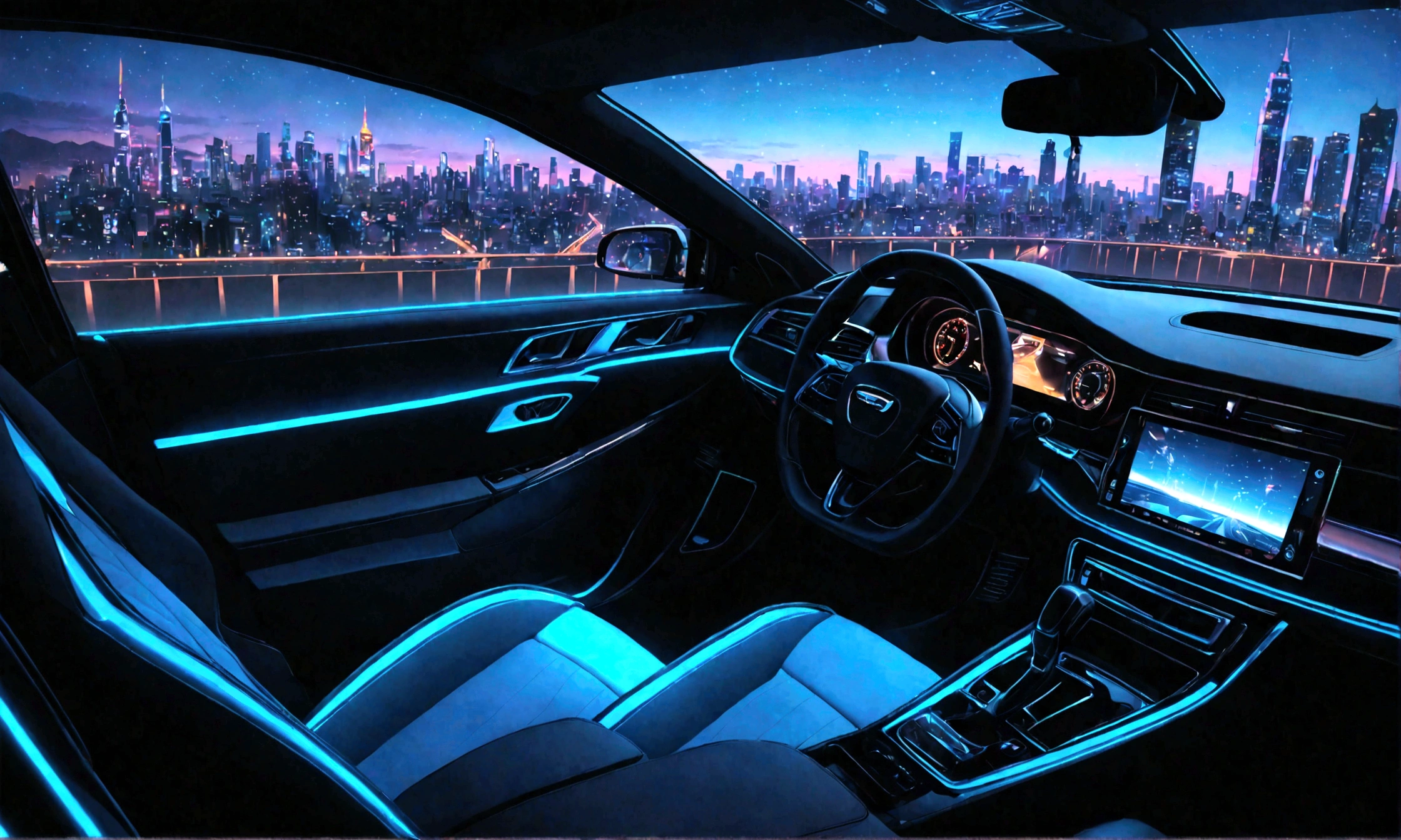 arafed view of a car with a city street in the background, inside of a car, interior background, glowing interior components, car with holographic paint, full view of a car, a hyper realistic, detailed ambient lighting, driving through the city, inside a grand, amazing wallpaper, neon ambient lighting, highly detailed interior, bright ambient lighting, scenic full shot