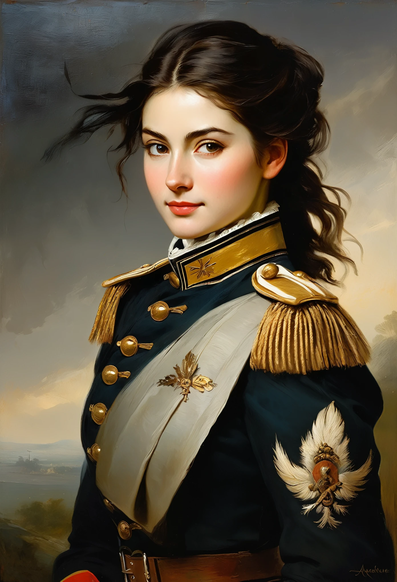 charming young pretty warrior woman, brunette, smiling slightly mysteriously over her shoulder, averting her eyes, in a military cuirassier uniform, 18th century, (Adolphe Piot style)), dark Renaissance, (fog, very worn gradient), ((palette/oil painting with a palette knife)), ((masterpiece)), single shot, image quality:1.2, maximum detail, perspective:1.33. 8k