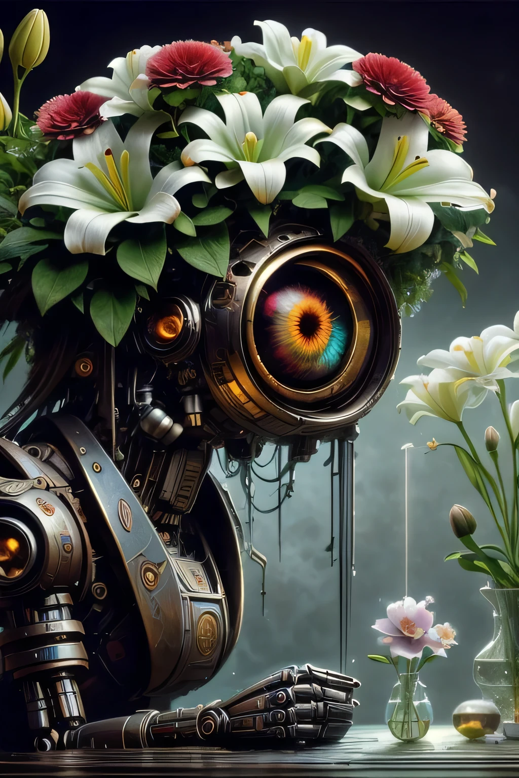 (masterpiece, highest quality:1.2), very cute white lily flower robot, full of white lily flowers, rubrum lily, organic details, close up view of profile, (masterpiece, highest quality:1.2), there is a vase with white flowers in it on a table, white Yuri, Yuri, Yuri, Yuri flowers, big Yuri, Yuri flower, detailed white, Yuri, white flowers, rubrum Yuri, Yuri petals, ikebana white flowers, beautifully bright white, whites, white, white flower, Flowers and stems, Close-up portrait, gleaming whitebright green and white, Kentaro Miura, center close up, festival, !!awarded!!, stargazer, soft and fresh, large, lily flower, cyberpunk art, by beeple, digital art, aetherpunk airbrush digital art, very cute lily flower robot, art of dark metal music, jeff soto style, steampunk world, cyberpunk garden, steampunk robot ant, art by alejandro bardizio, gritty, third eye, music album art, perfect details