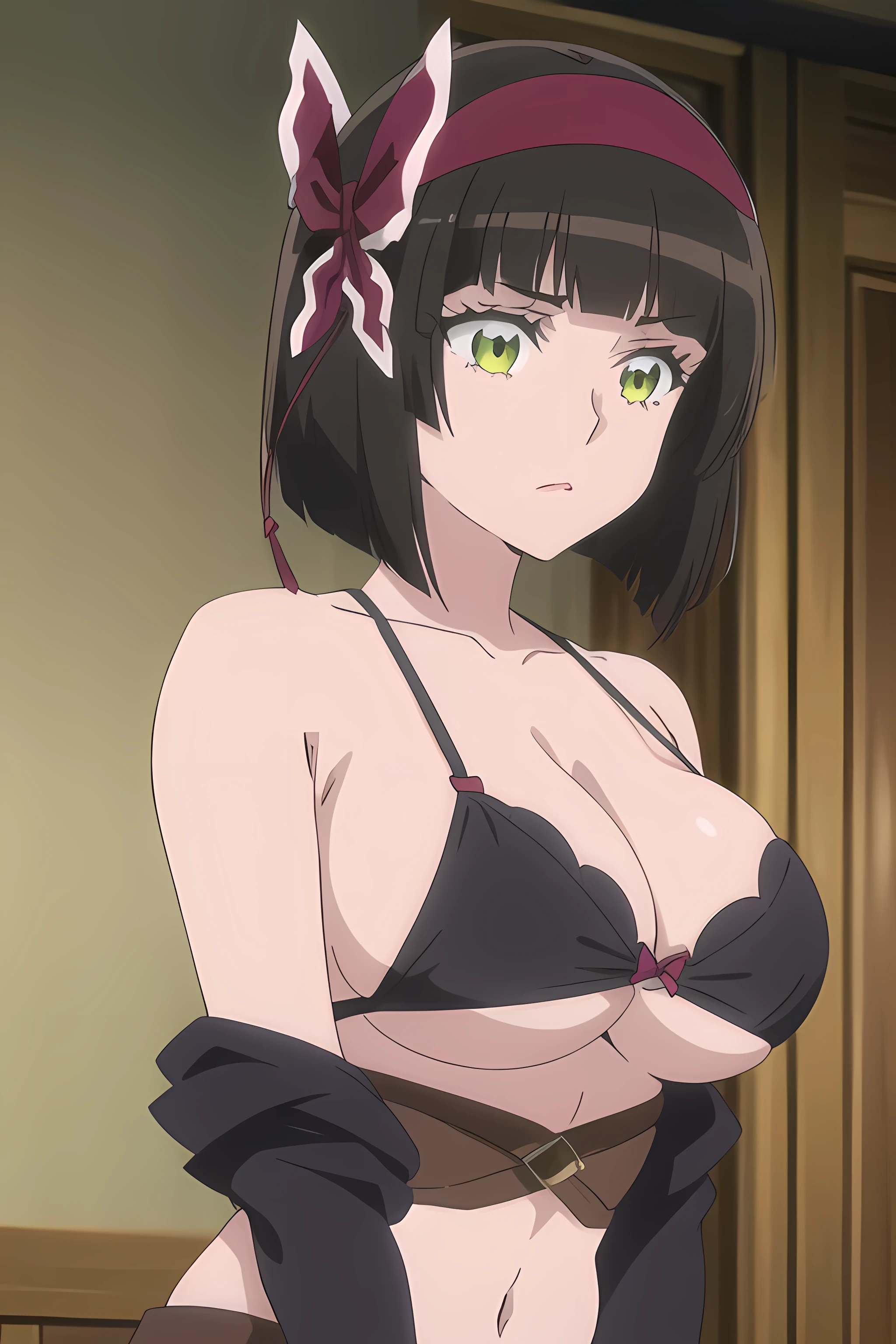 (extremely detailed CG unity 8k wallpaper), (masterpiece), (best quality), (ultra-detailed), (best illustration), (best shadow), (absurdres), 1girl, solo, pefrect face, perfect eyes, large breasts, shining breasts, standing, sfw, safe, close the camera, black lace top crop, underboobs, standing, vivid colors, cleavage, vivid, 1girl, mio, hairband, hairbow, hair ribbon, makeup, huge breasts,