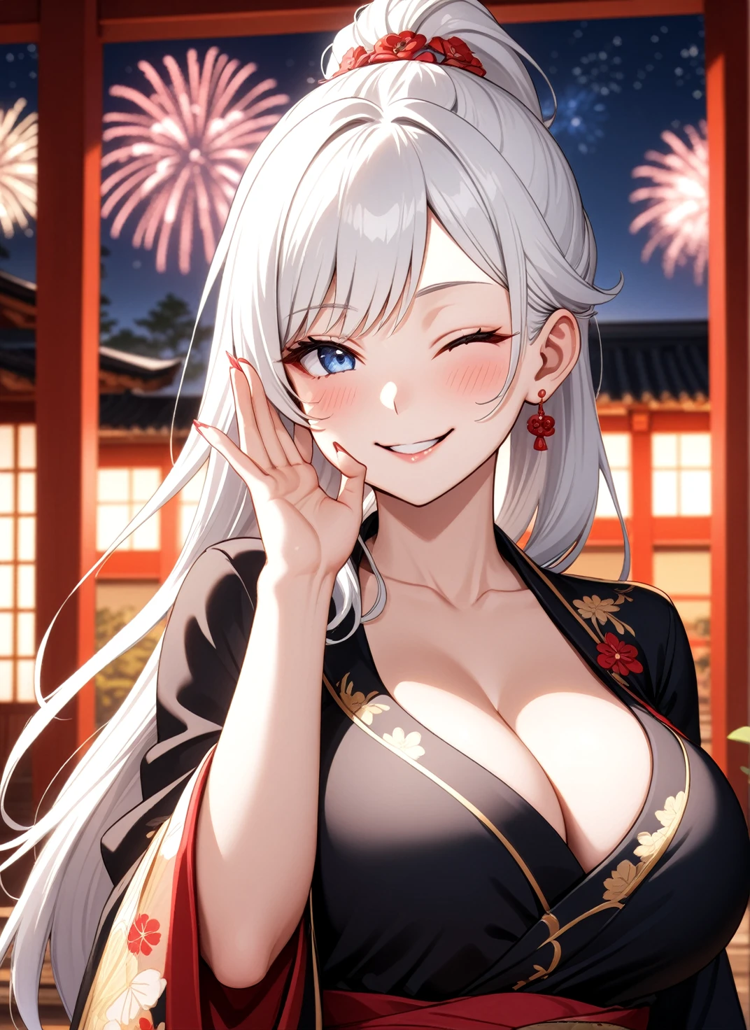 ((one personの女性)), Beautiful Face,Laugh shyly,((Wink:2.0)),Laughing with your mouth open,turn bright red,Glossy pink lips,night,Japanese-style room of the shrine,firework,((Anime style background)),masterpiece, highest quality, so beautiful, Latest, Complex details, (Pink long nails),AI-generated, Complex,High resolution, highest quality, super high quality,3D Images、View your viewers、3D Images,one person,Long white hair,High Ponytail,blue eyes,Anime woman posing for a photo, [[Fine grain、Colorful eyes、Shining Eyes:1.15]],(Squint your eyes:1.1),a hyperRealistic , hyperRealistic , Realistic,Anime woman with long and white hair, Smooth anime CG art, A woman in a colorful kimono with gold embroidery, (Black kimono),Red floral pattern,Long flower hair ornament,Big earrings,(Big Breasts:1.3),Mature Body,expensive,Big Ass,Fine details,Tight waist,Abdominal muscles,(Face close-up:1.5),(Tilt your face:1.8),Shooting from an angle,(blowing a kiss. They are making a kissing gesture with one hand)