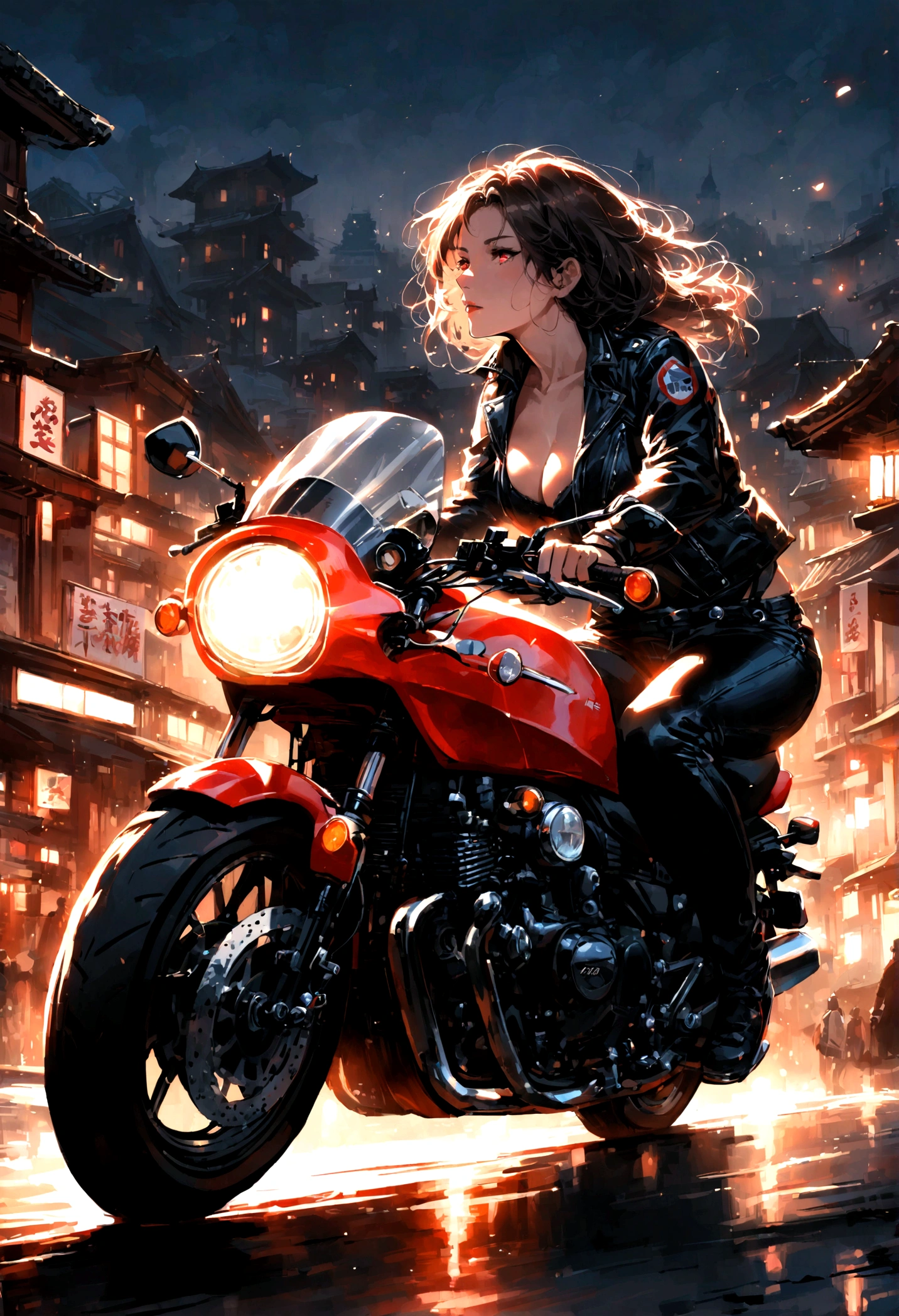 realistic sexy biker girl riding a honda cb 750 in speed, town background, masterpiece, sensual lighting, side angle view,detailed facem, glowing red eyes,beautiful face, night japan town