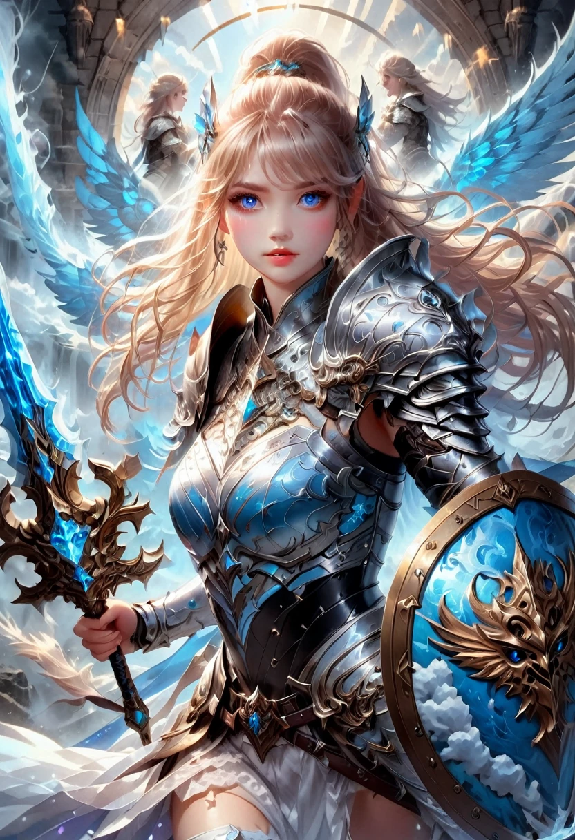 Female Warrior, Sword and shield, Art style of Huang Guangjian, alcohol ink style, oil painting style, mixed media, gorgeous female knight, blonde hair, ice blue eyes, wearing Viking helmet, (holding_enormous_intricate_embossed_heraldic_shield, shield front and center:1.8), hyperdetailed face, fantasy ancient ruins and crumbling towers background, intricately detailed cosmos skyline