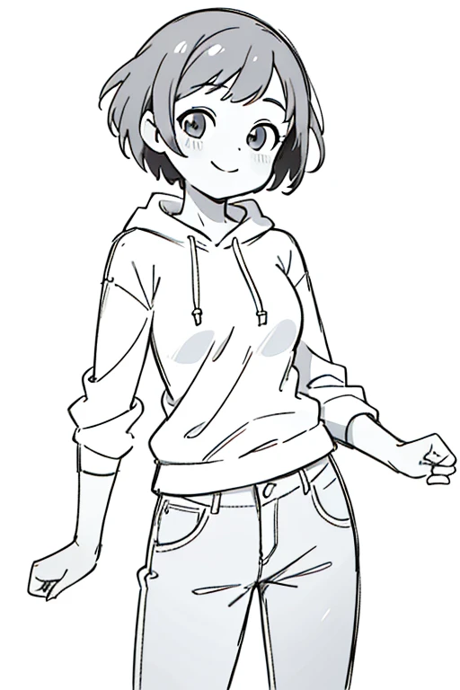 masterpiece, top quality, a high resolution / Employ, Super detailed, form, earlier, cowboy shot, I look at the viewer, (1 woman:1.2),straight short hair, short trousers, hoodie, ((simple White background)), natural smile, Standing on one leg, White background, Monochrome, drawing lines, ((sketch)), medium breasts,