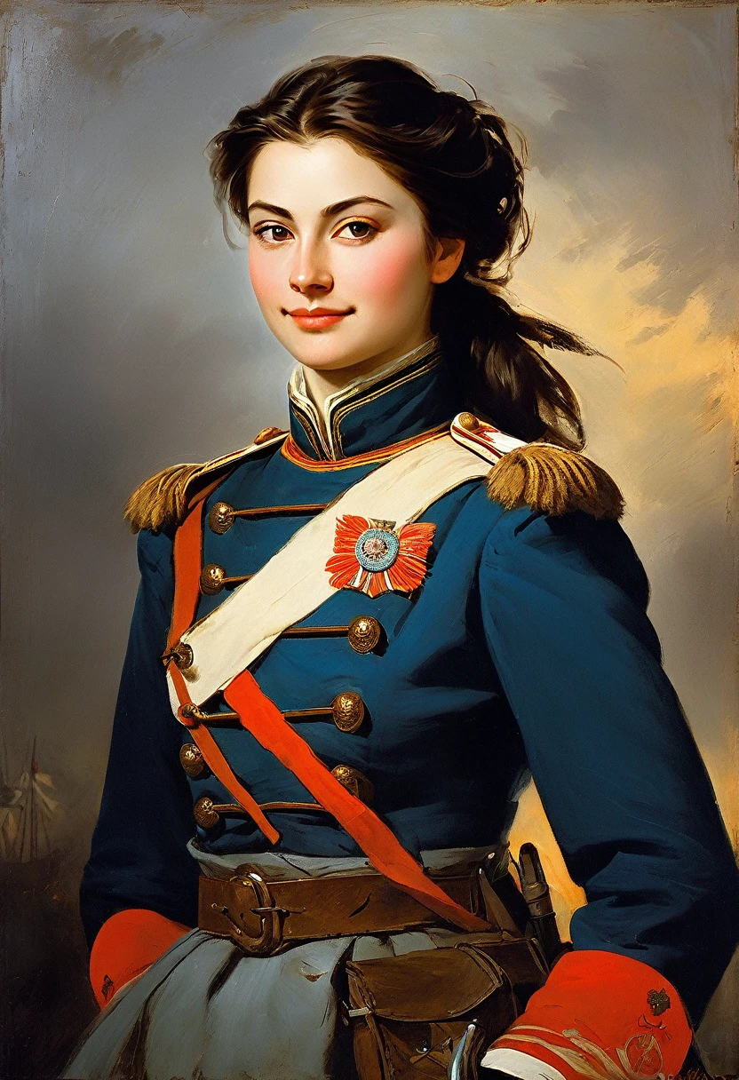charming young pretty female warrior, brunette, smiling slightly mysteriously over her shoulder, averting her eyes, in the military uniform of the Russian Preobrazhensky regiment, 18th century, (Adolphe Piot style)), dark Renaissance, (fog, very worn gradient), ((palette/oil painting with palette knife)), ((masterpiece)), single shot, image quality:1.2, maximum detail, perspective:1.33, 8k