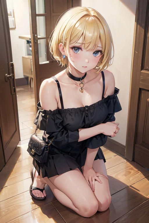 (One transcendent beautiful girl)、ultra-detailed、(8k, RAW photo, best quality, masterpiece:1.2), (extremely detailed 8k wallpaper),professional lighting,sharp focus, depth of field、(((Detailed and accurate face))),(((close up face,Overhead shots)))、nfws,((blonde、short hair))、((20-year-old woman))、((Gal))、(Earrings).(((Off the shoulder、clavicle、skirt))),(Sandals)、((Shoulder bag)),((A room in an apartment))、(((entrance)))、(((Kneeling)))，(((look up at viewer、Looking up)))