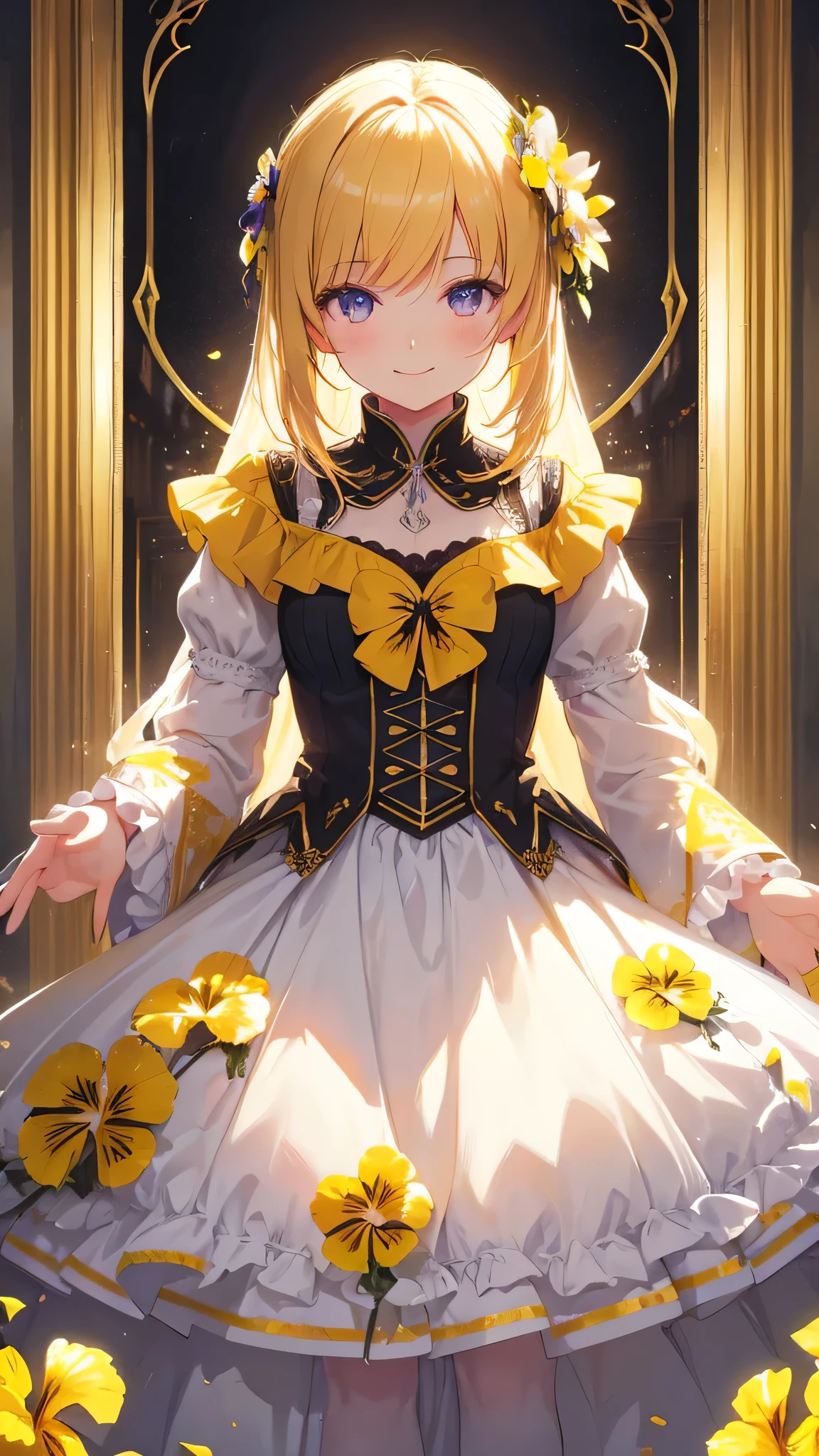 Yellow pansy themed artwork, ((highest quality)), High resolution, 8k, Cinematic Light, High Contrast, Written boundary depth、smile、Approachable、Warm、sharp、beautiful, Strong brilliance, Detailed Background, One Girl, cute, fine grain, Shining Eyes, Detailed Iris、