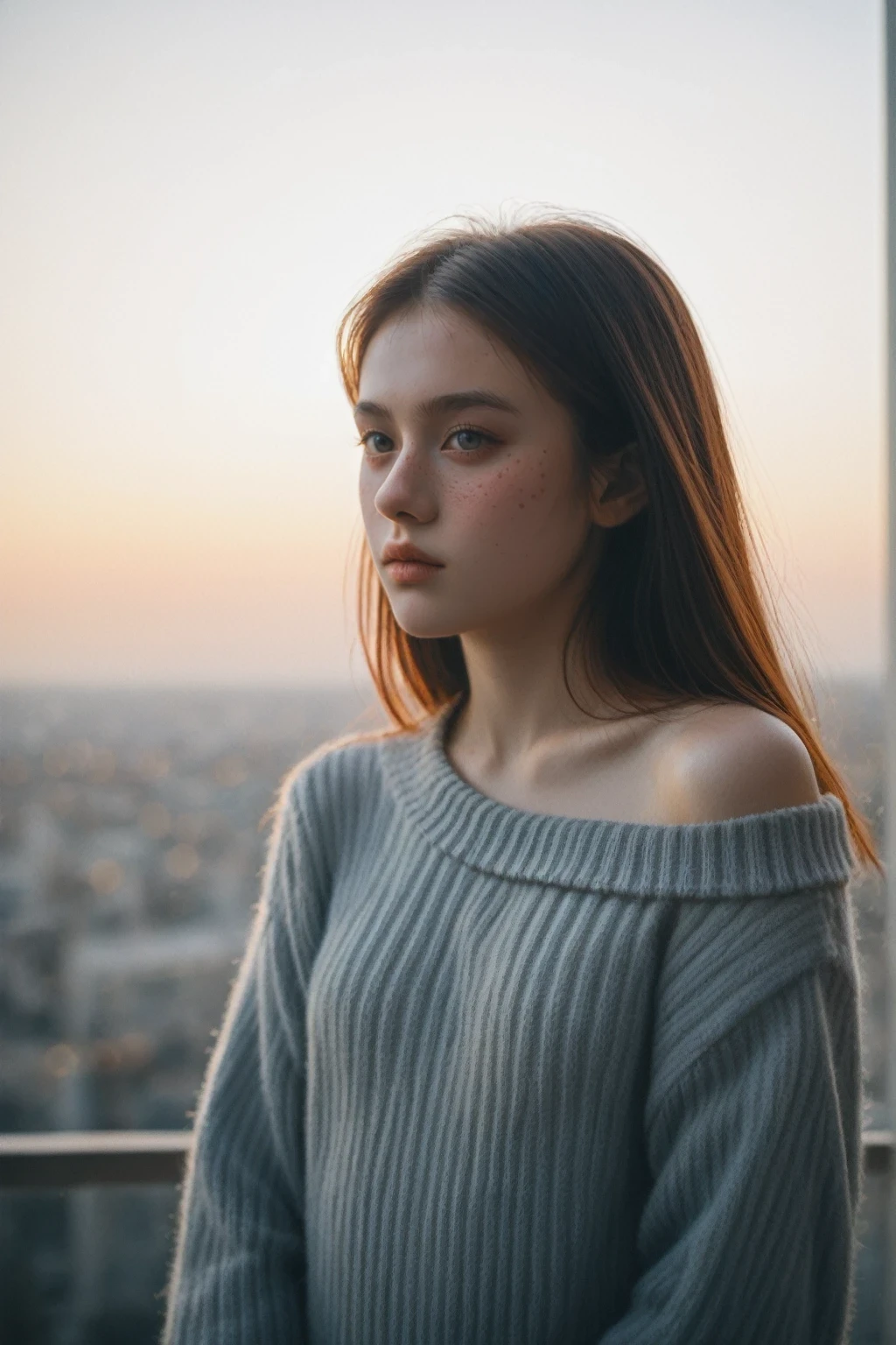 score_9, score_8_up, score_7_up, BREAK, masterpiece,source_photo,(realistic:1.4),masterpiece,source_photo,(realistic:1.4) 1girl,mysterious girl with freckles,an exotic girl in off-shoulder sweater,fading backlit background,pastel colors,alluring goddess,amazing depth,double exposure,surreal,geometric patterns,intricately detailed,bokeh,perfect balanced,deep fine borders,artistic photorealism,smooth