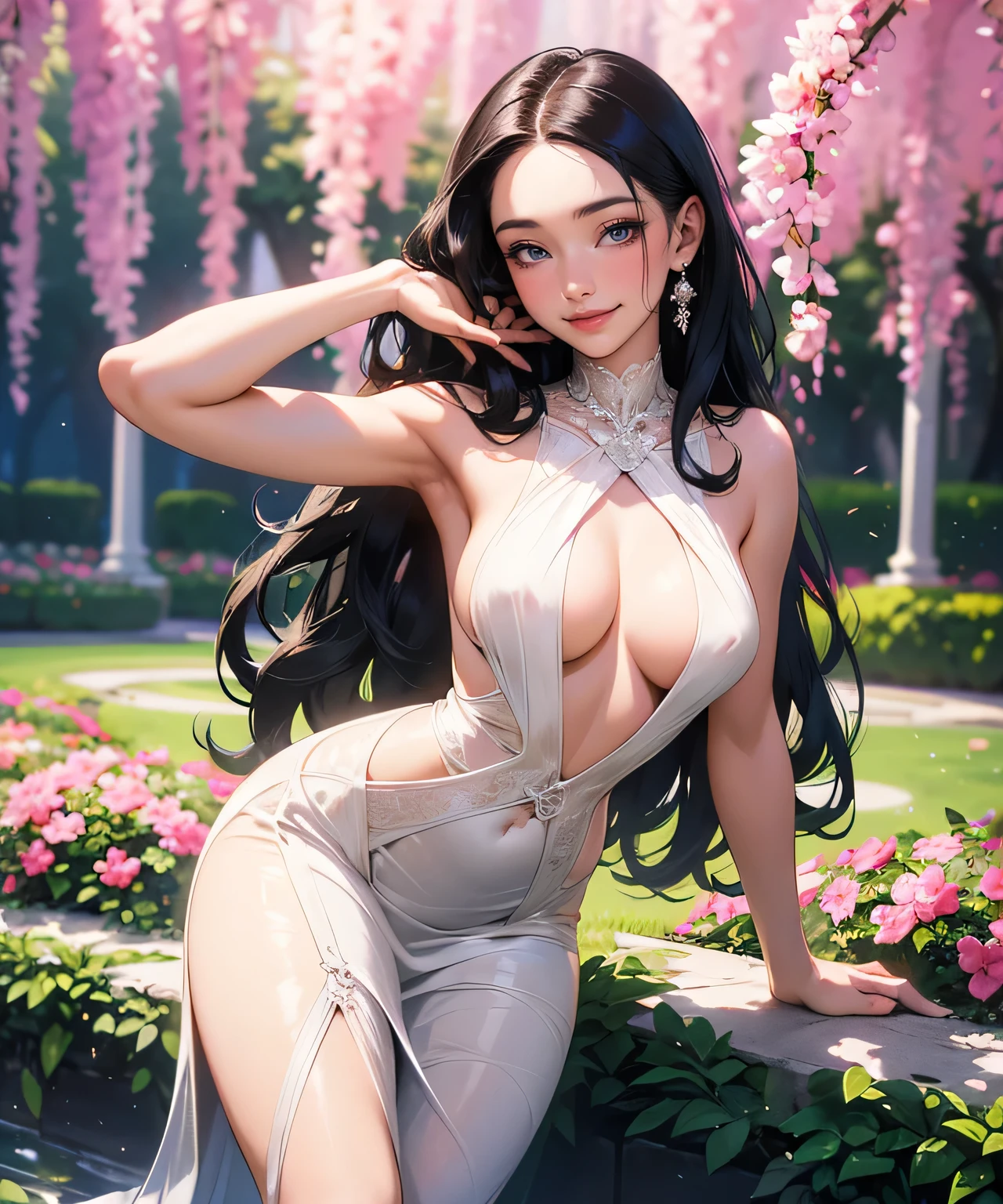 Hyper realistic and detailed picture of one young beautiful smiling woman posing on the in the beautiful garden full of flowers, wearing a tight and sexy translucent dress. perfect eyes, (Eye makeup:1.1), (highly detailed skin:1.1), (perfect big ), RAW, analog style, sharp focus, 8k UHD, DSLR, high quality, Fujifilm XT3, grain, award winning, masterpiece.