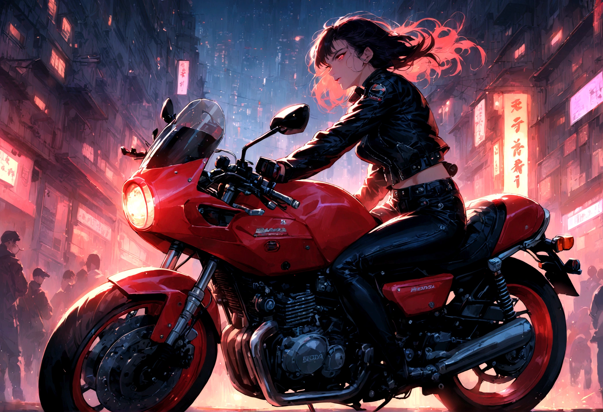 realistic sexy biker girl riding a honda cb 750 in speed, town background, masterpiece, sensual lighting, side view, detailed face, glowing red eyes,beautiful face, night japan town cyberpunk